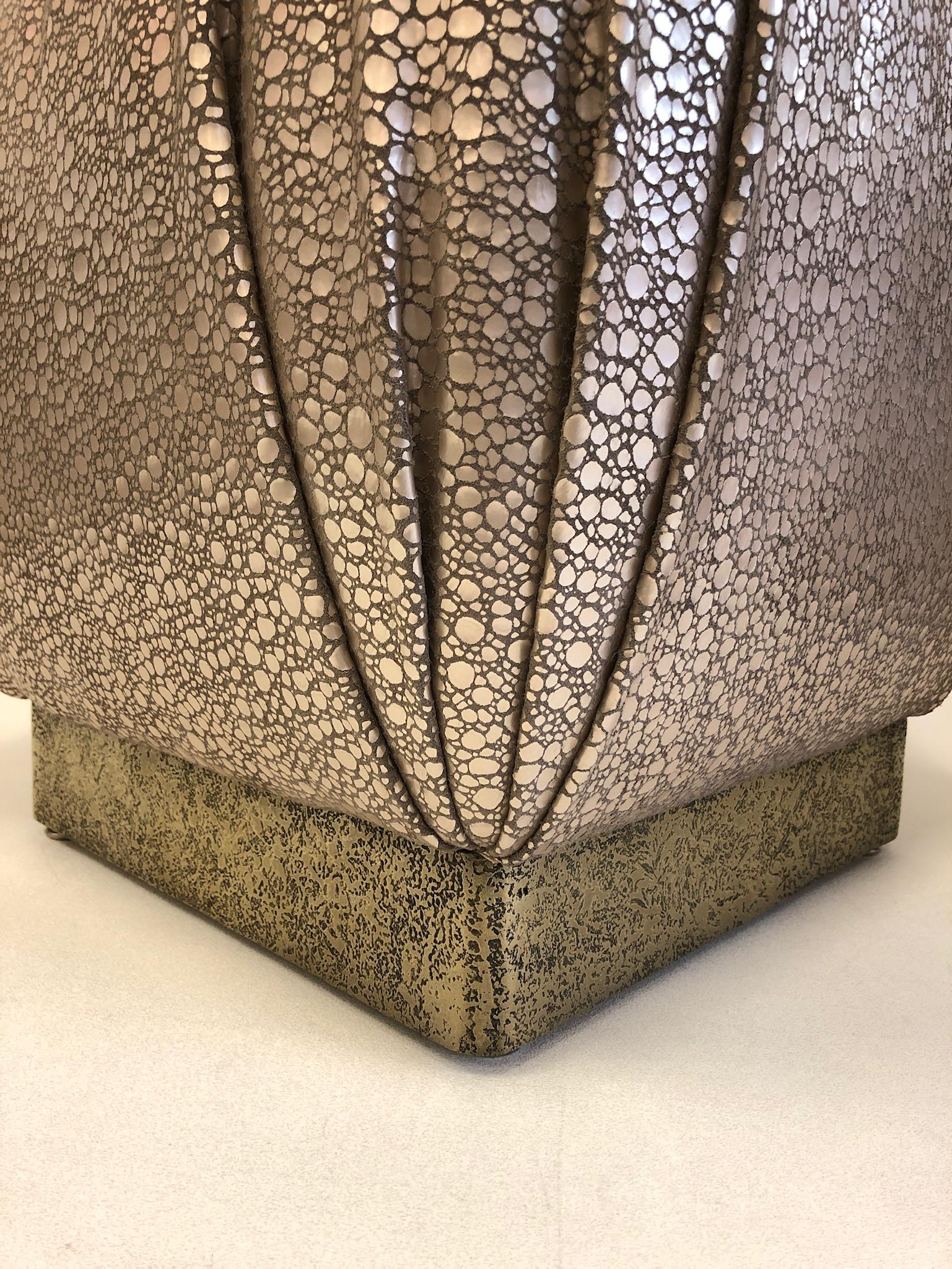 Pair of Leather and Brutalist Brass Poufs by Marge Carson For Sale 2