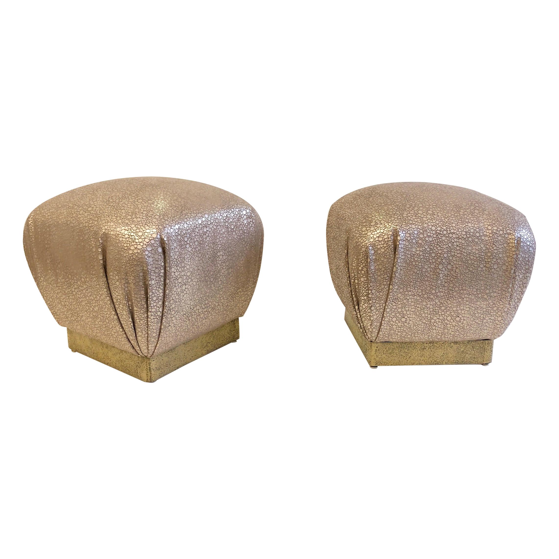 Pair of Leather and Brutalist Brass Poufs by Marge Carson For Sale