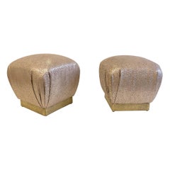 Pair of Leather and Brutalist Brass Poufs by Marge Carson