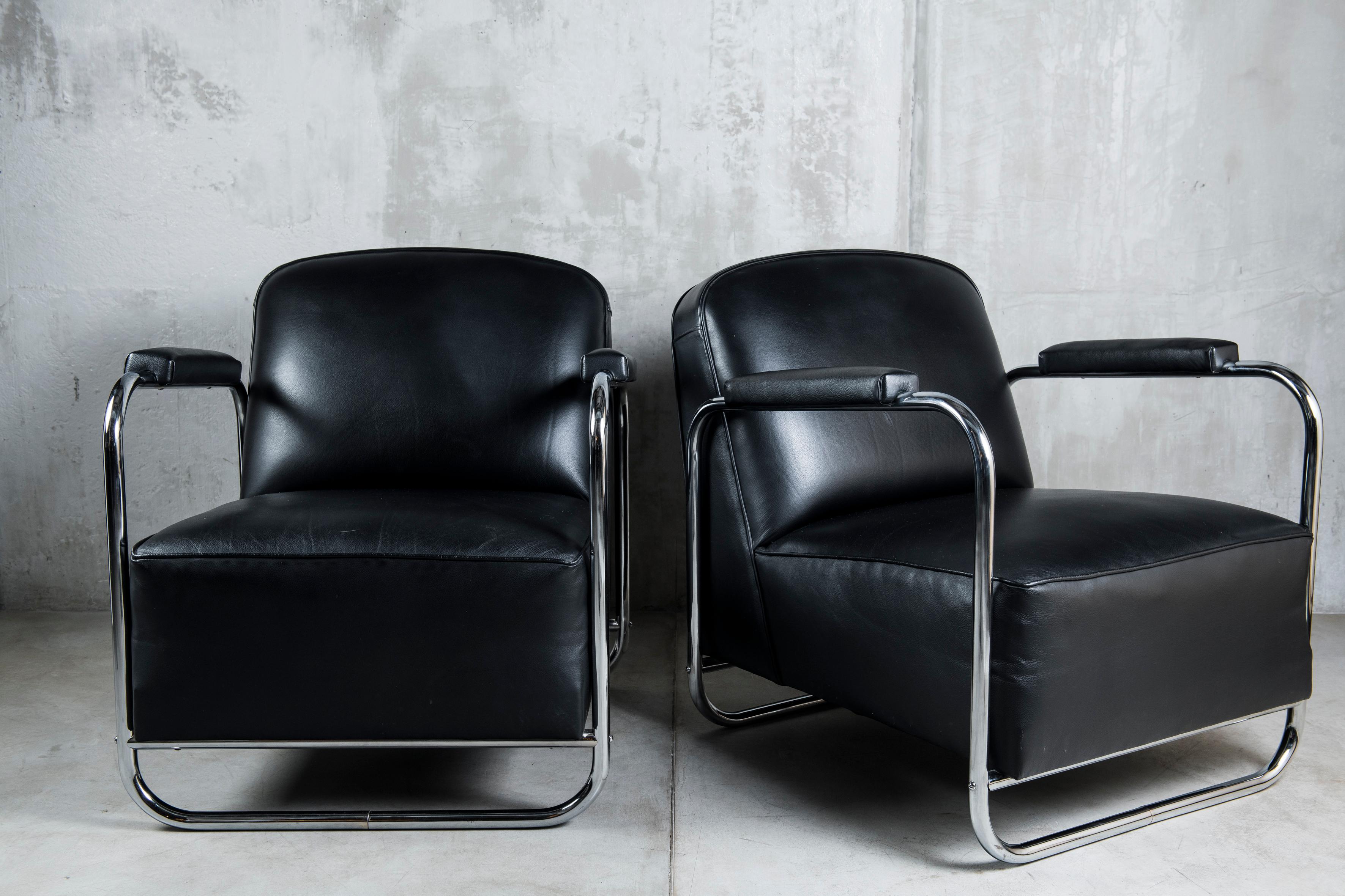 Pair of leather and chrome armchairs. Midcentury, Germany, circa 1940.