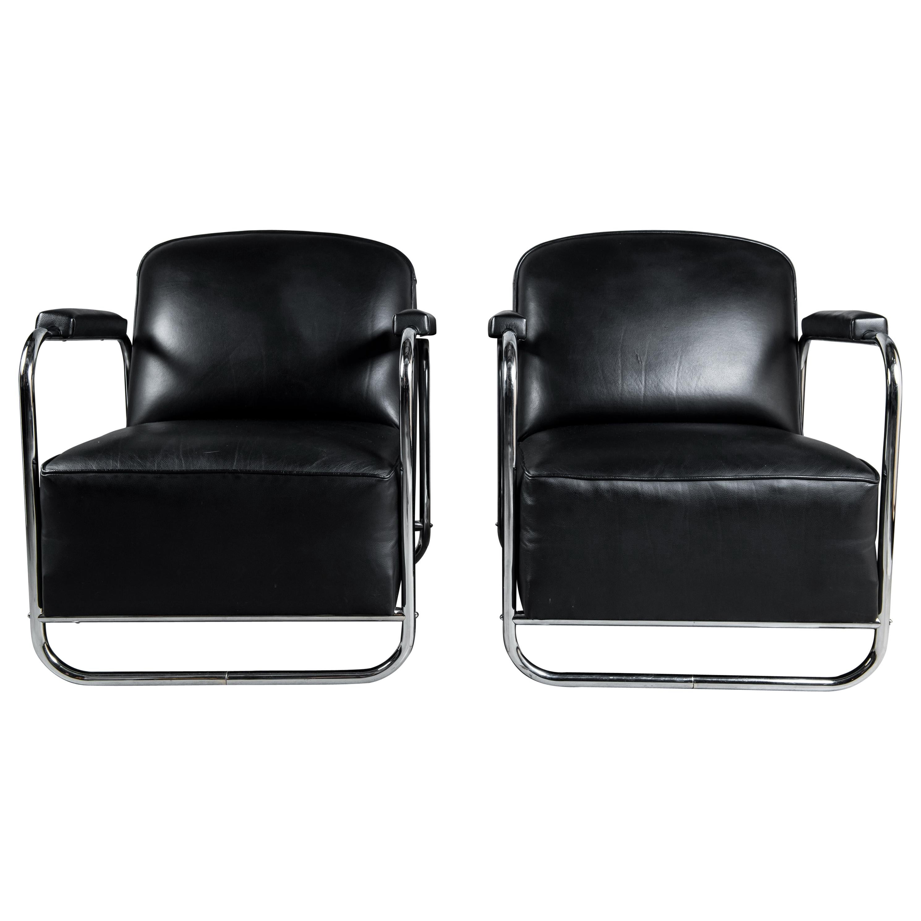 Pair of Leather and Chrome Armchairs, Midcentury, Germany, circa 1940 For Sale