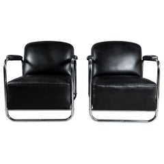 Vintage Pair of Leather and Chrome Armchairs, Midcentury, Germany, circa 1940