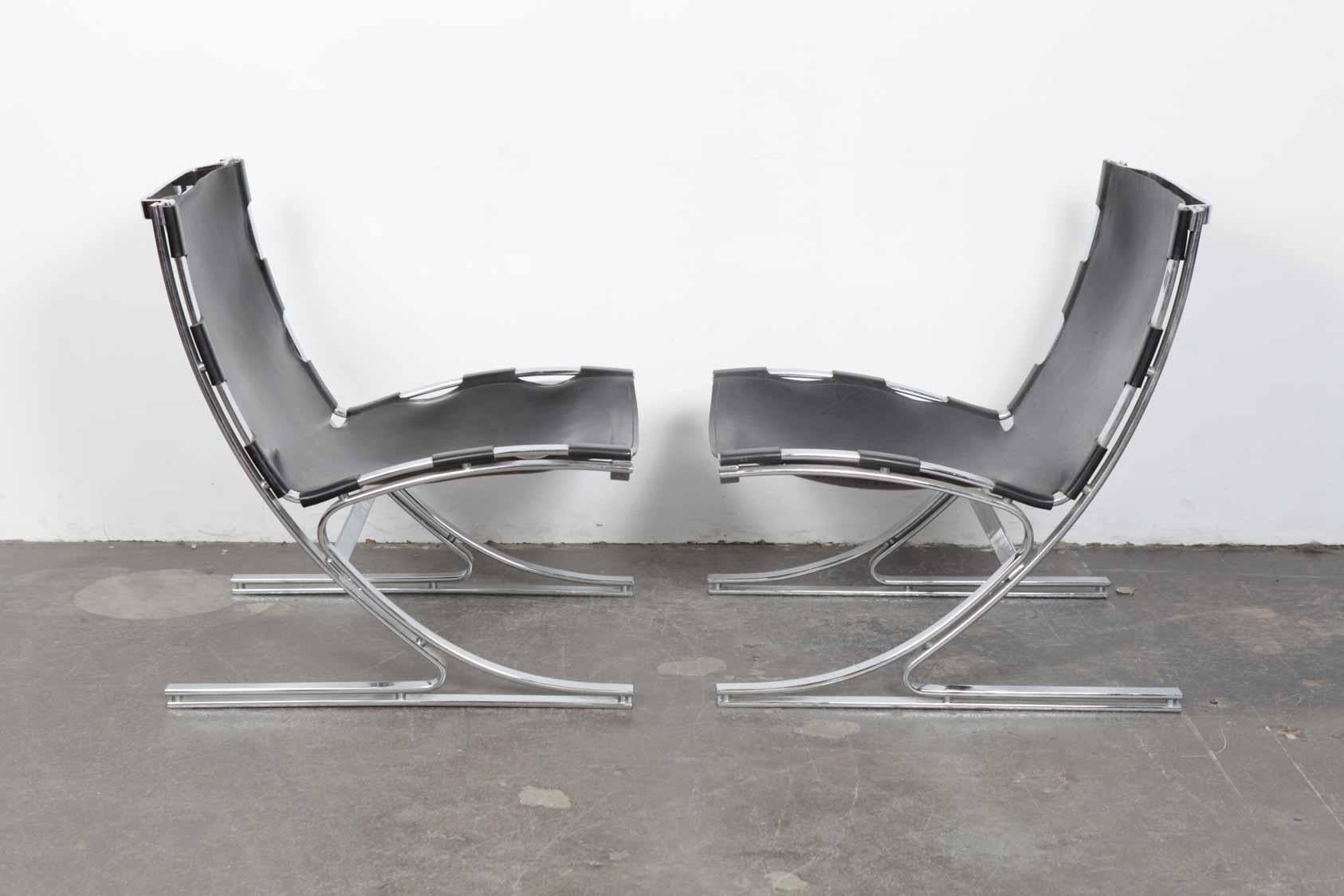 Mid-Century Modern Pair of Leather and Chrome Designed Chairs by Architect Meinhard Von Gerkan