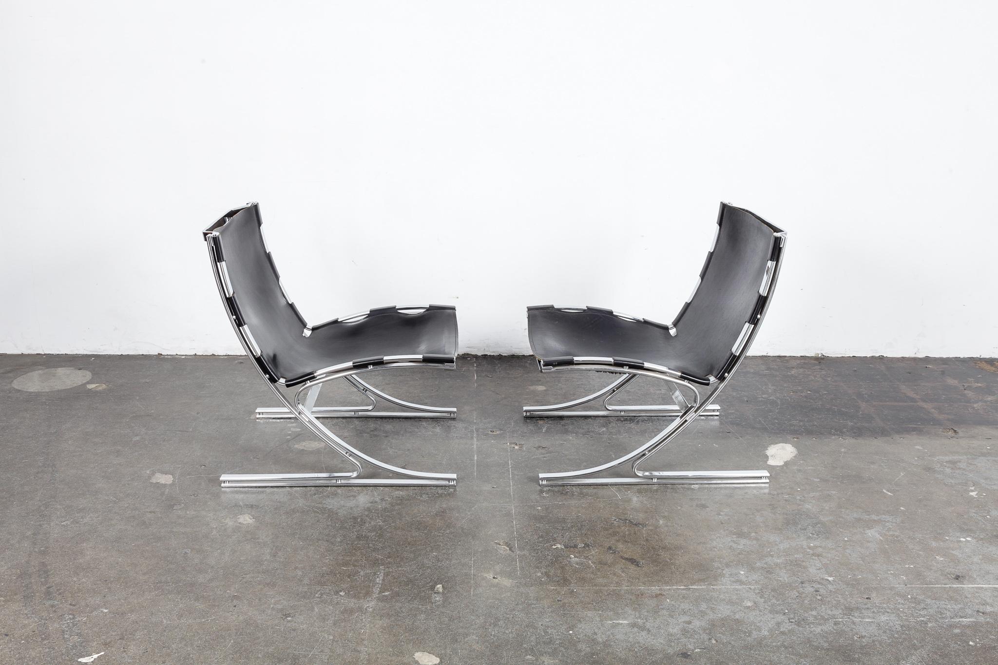 Mid-Century Modern Pair of Leather and Chrome Designed Chairs by Architect Meinhard Von Gerkan