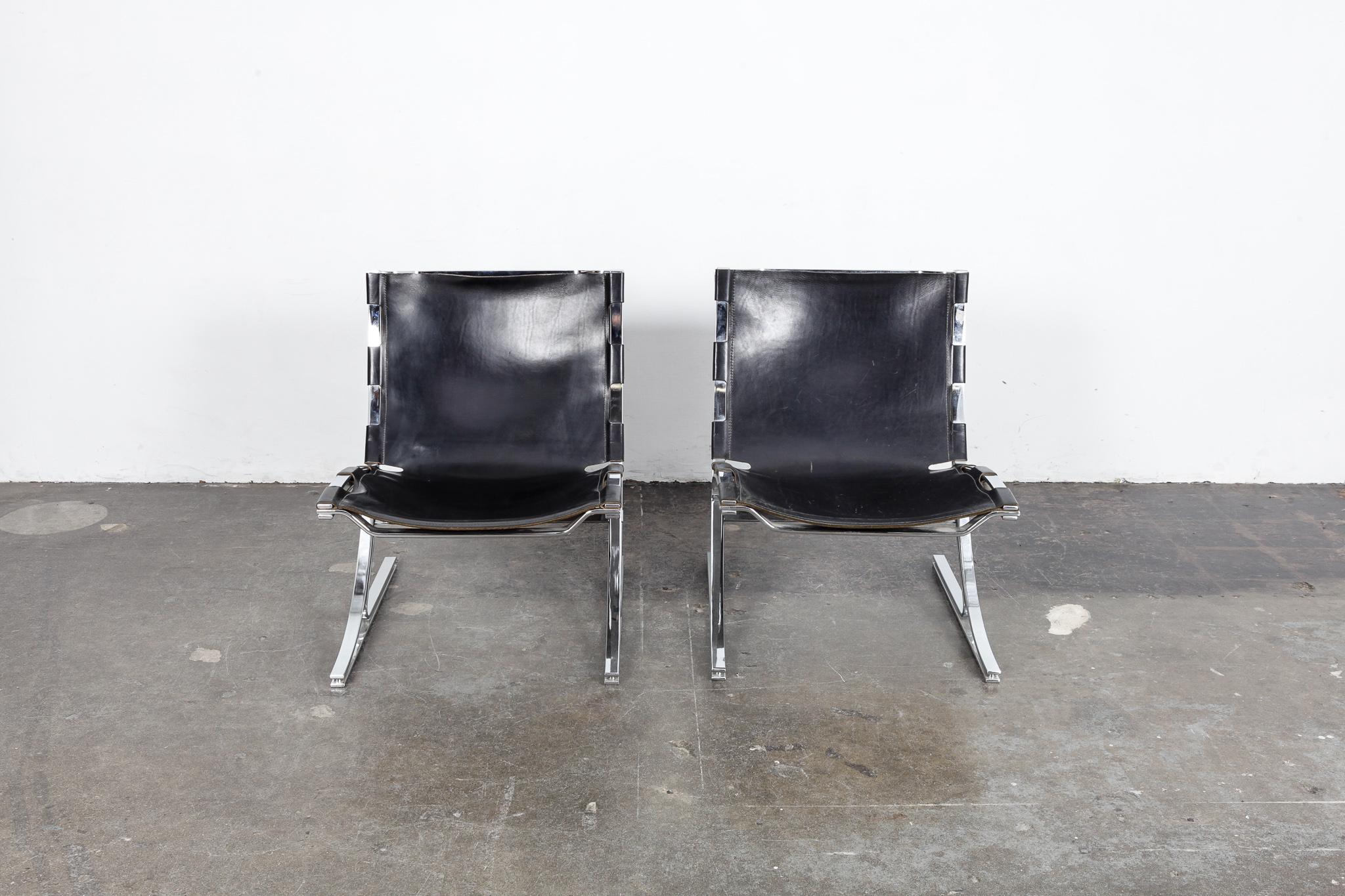 Pair of Leather and Chrome Designed Chairs by Architect Meinhard Von Gerkan In Good Condition In North Hollywood, CA