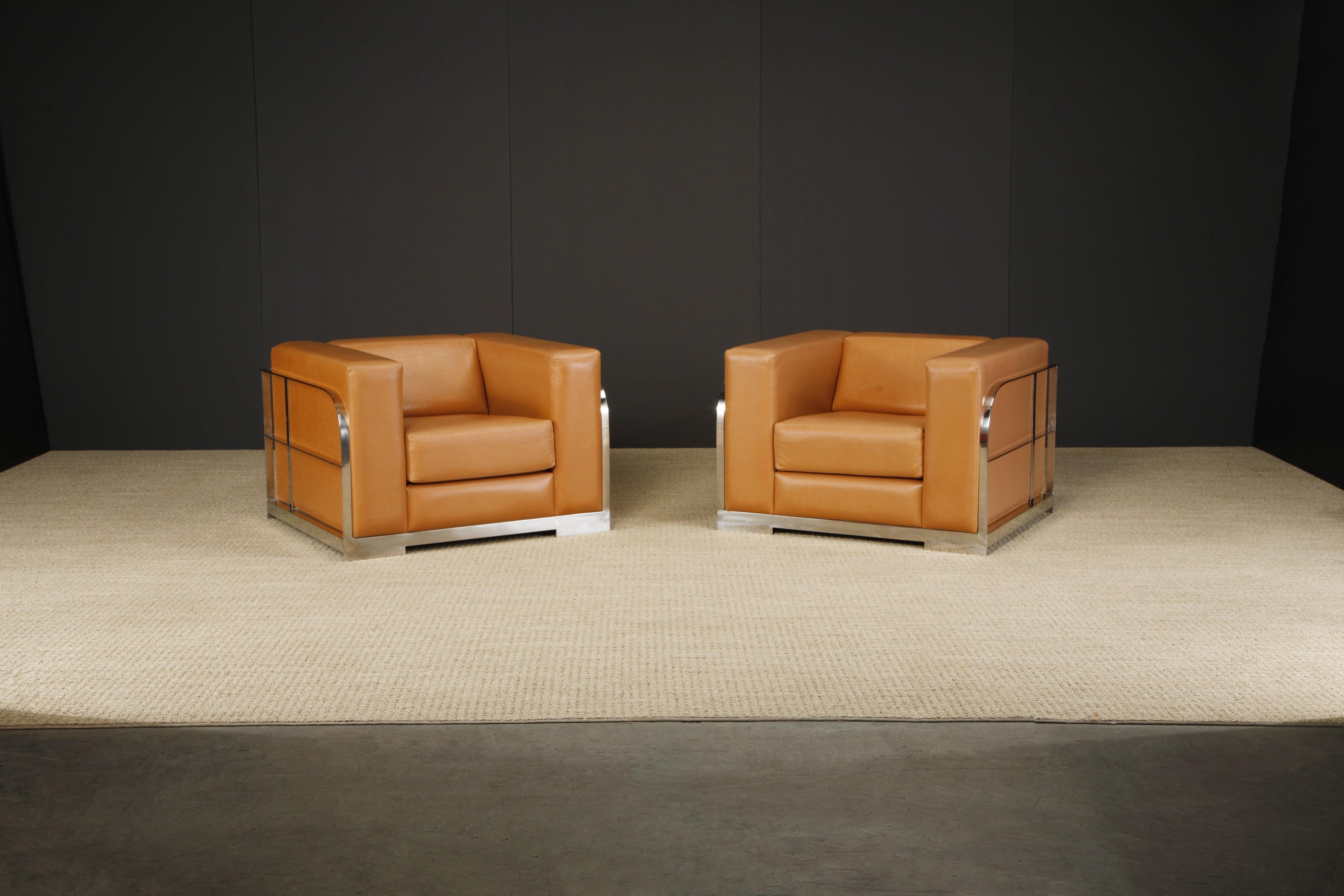 We normally do not deal with items produced in the last 20 to 30 years, however this pair of leather and chromed steel art deco style club chairs are extremely high quality and have amazing style.  They are quite heavy - and weight is a great