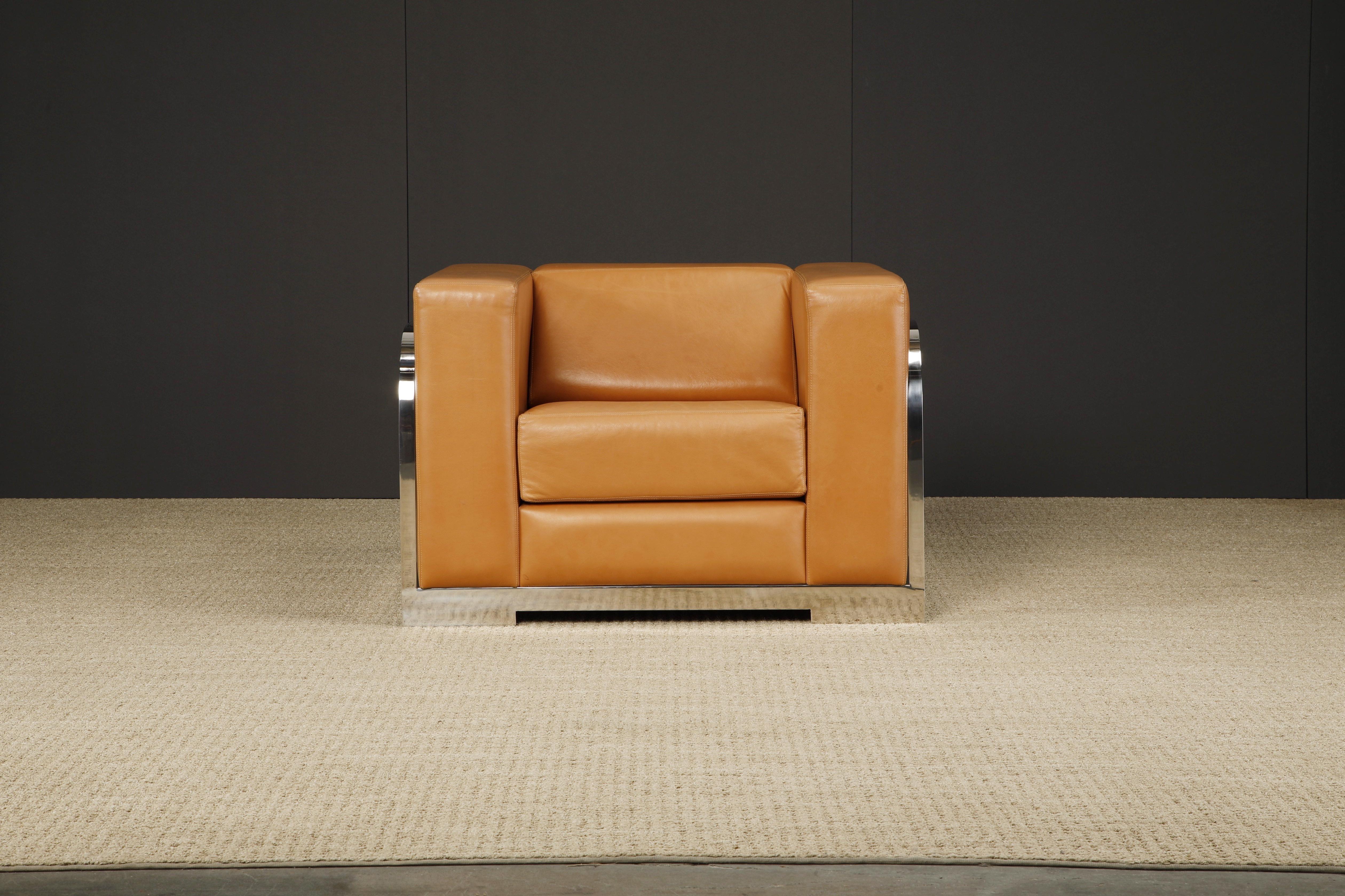 Pair of Leather and Chromed Steel Art Deco Style Club Chairs For Sale 1