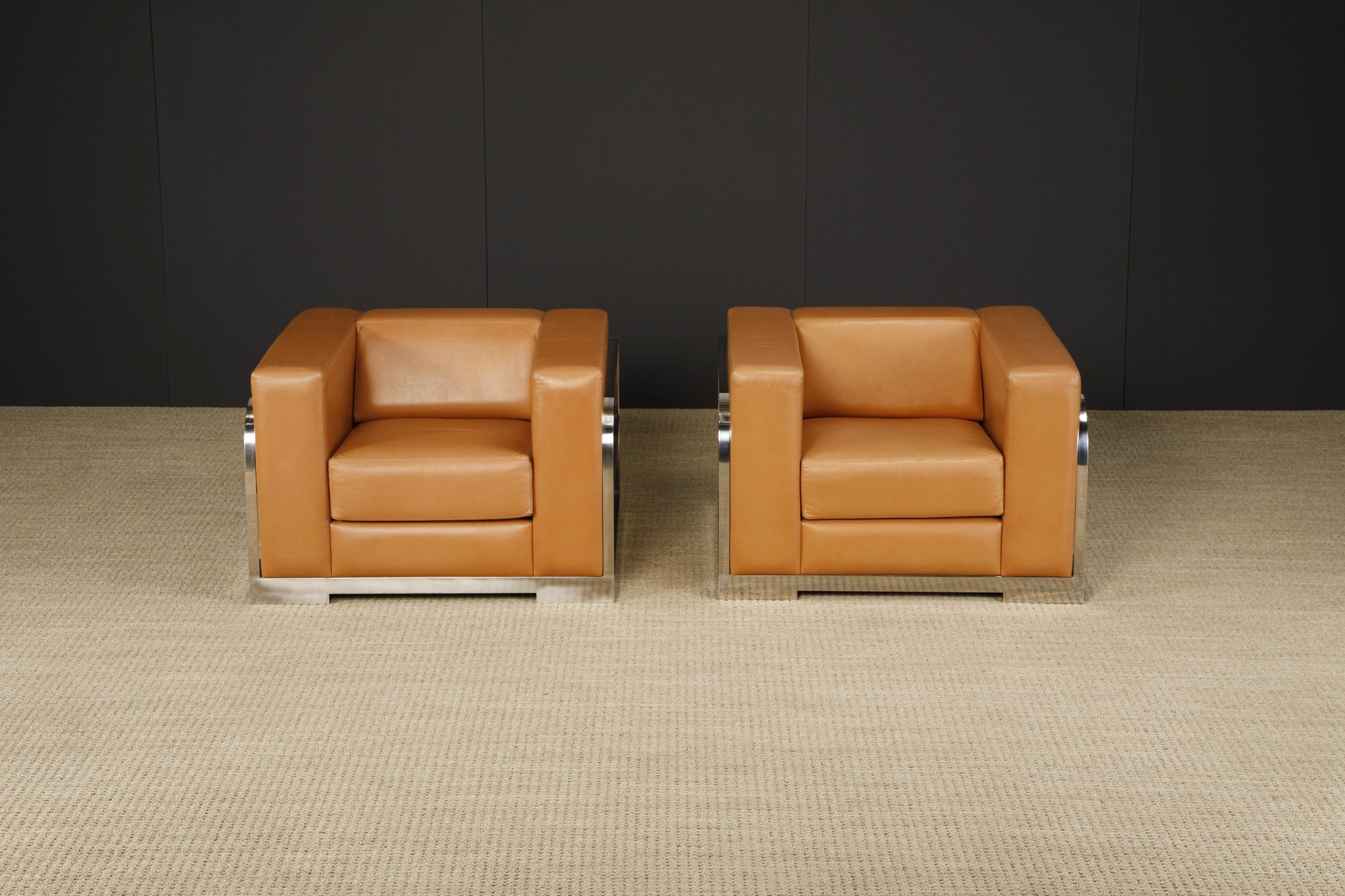 Pair of Leather and Chromed Steel Art Deco Style Club Chairs In Good Condition For Sale In Los Angeles, CA