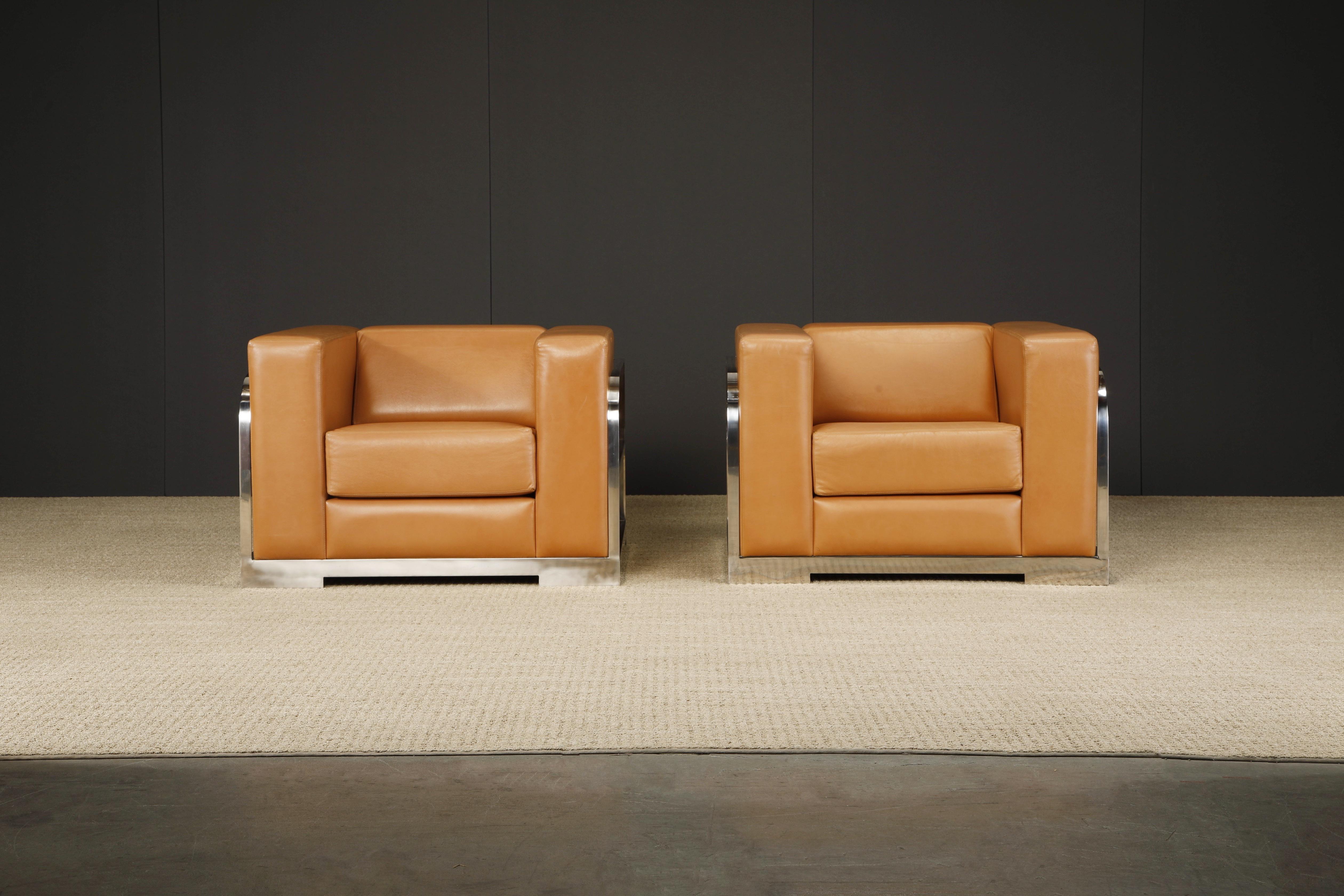 Contemporary Pair of Leather and Chromed Steel Art Deco Style Club Chairs For Sale