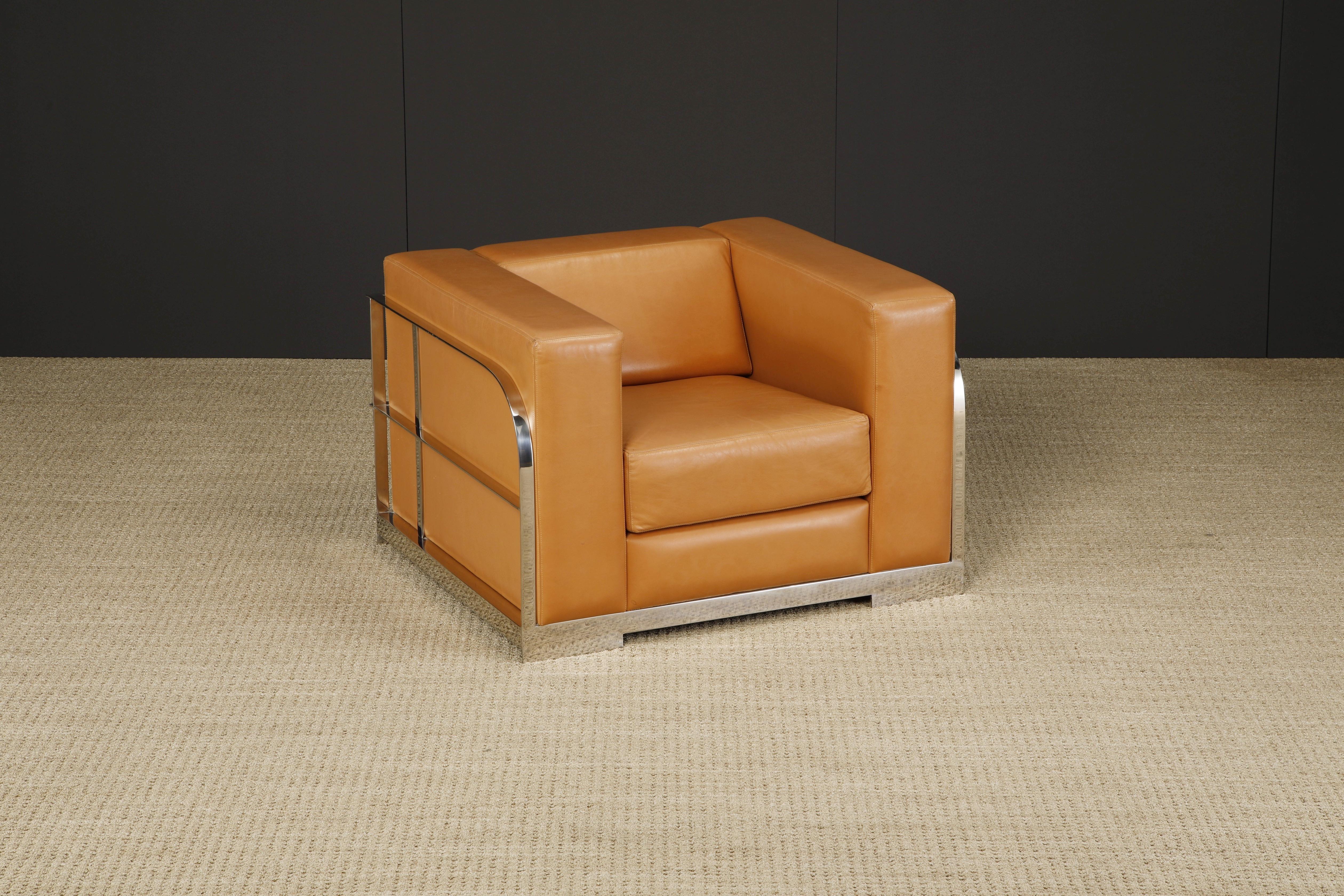 Pair of Leather and Chromed Steel Art Deco Style Club Chairs For Sale 3