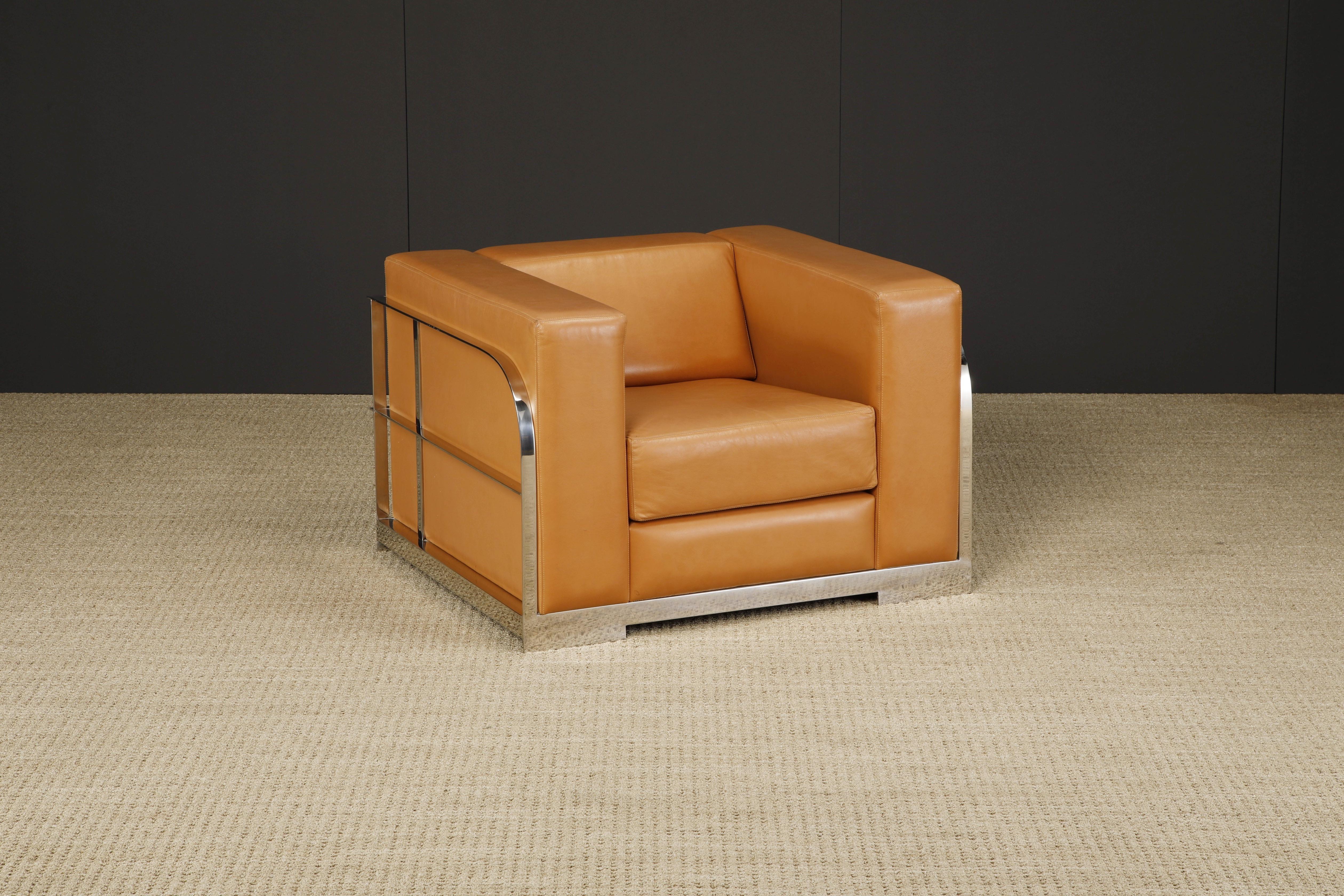Pair of Leather and Chromed Steel Art Deco Style Club Chairs For Sale 4