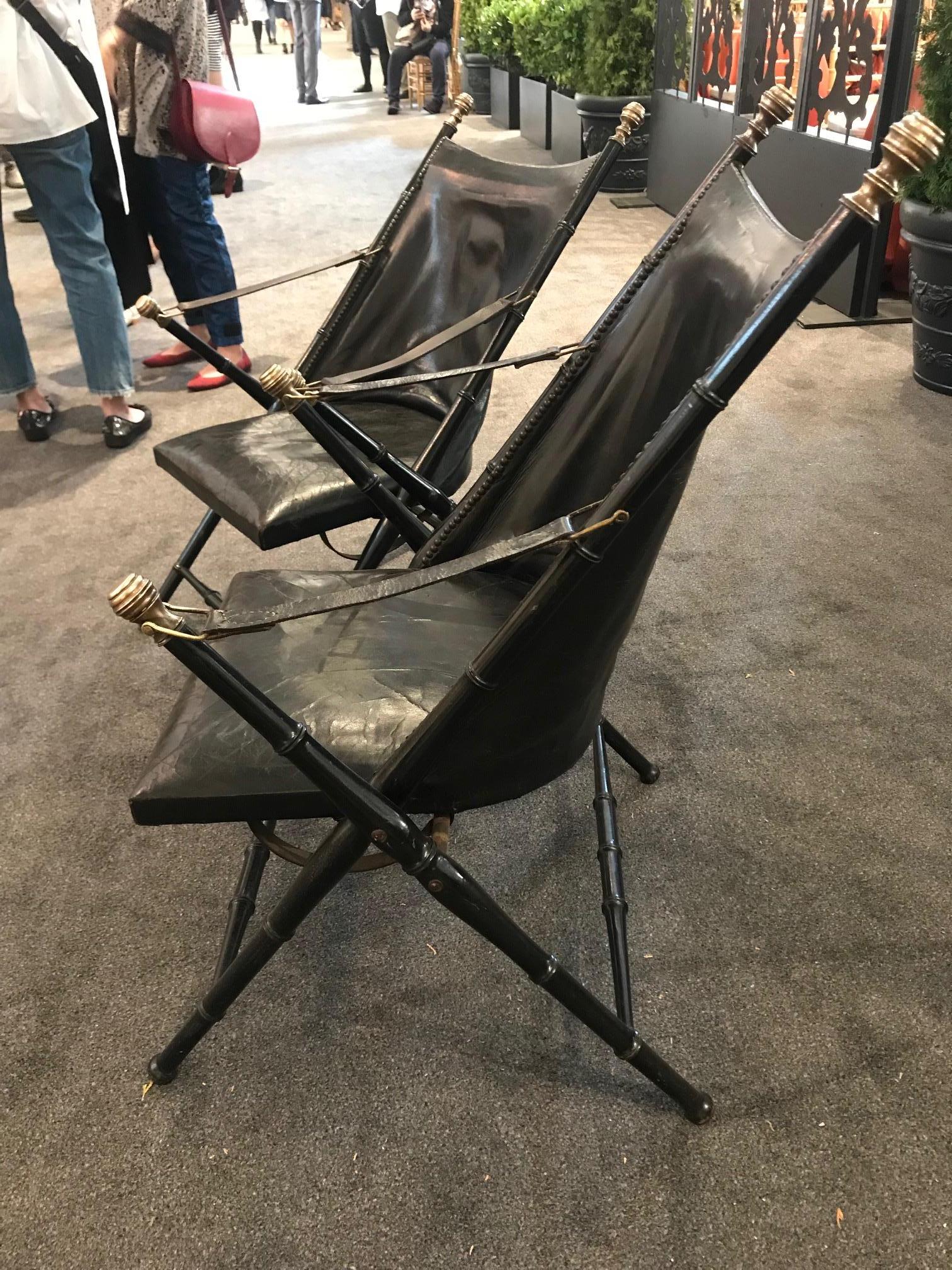 Pair of Leather and Ebonized Pear Wood Folding Chairs by Maison Jansen 4