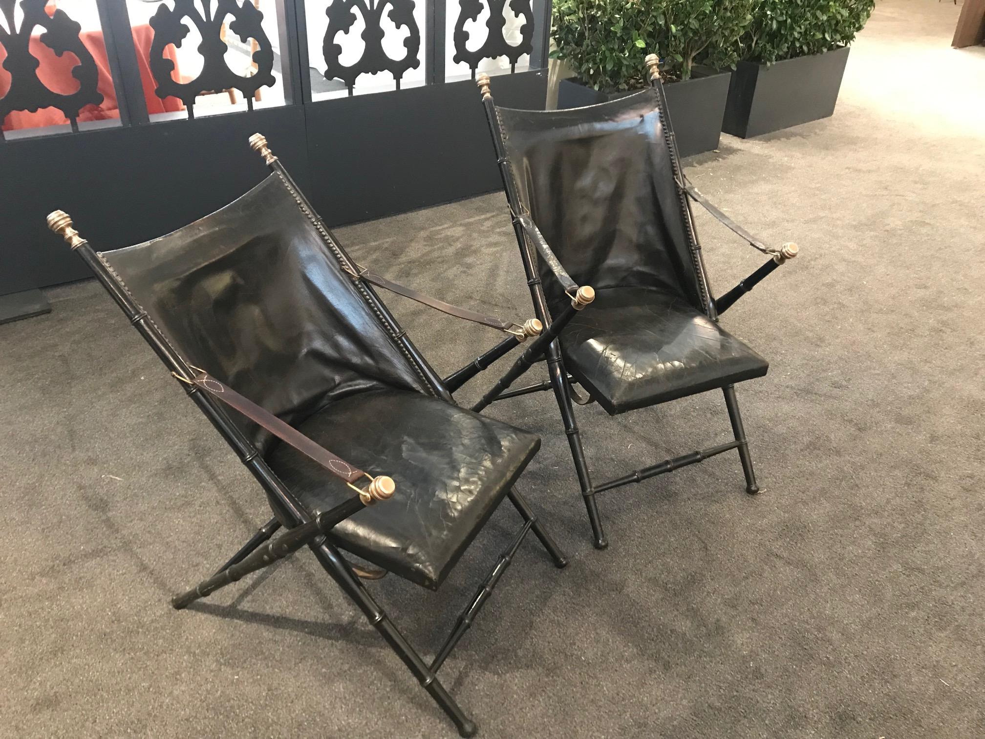 French Pair of Leather and Ebonized Pear Wood Folding Chairs by Maison Jansen