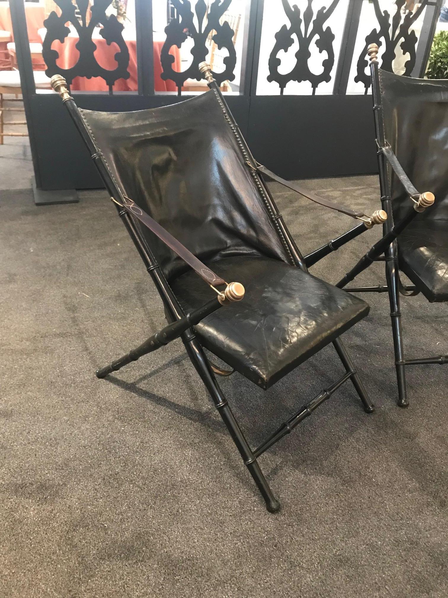 Pair of Leather and Ebonized Pear Wood Folding Chairs by Maison Jansen In Good Condition In Montreal, QC