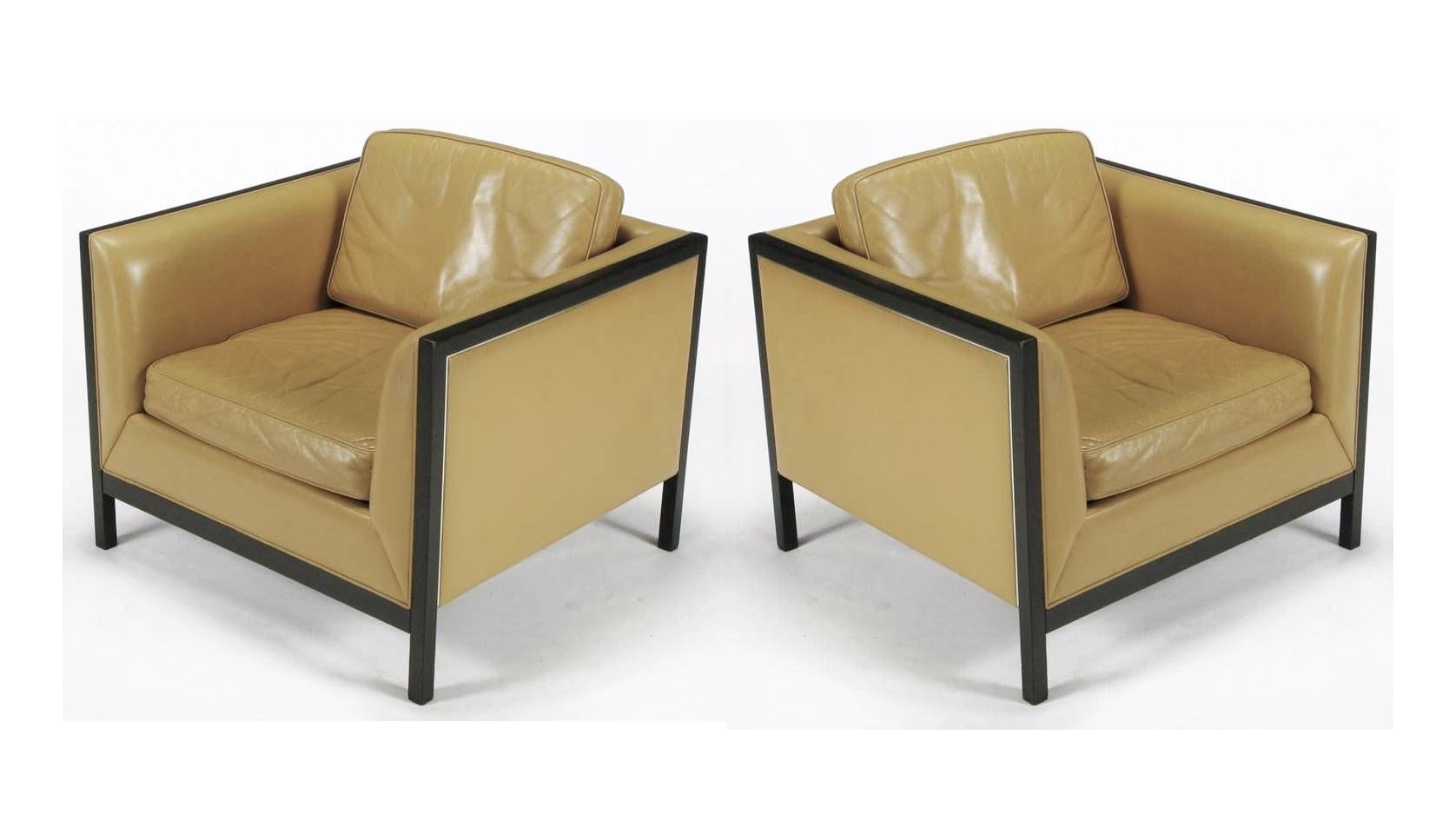 American Pair of Leather and Ebonized Wood Club /Lounge Chairs