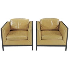 Pair of Leather and Ebonized Wood Club /Lounge Chairs