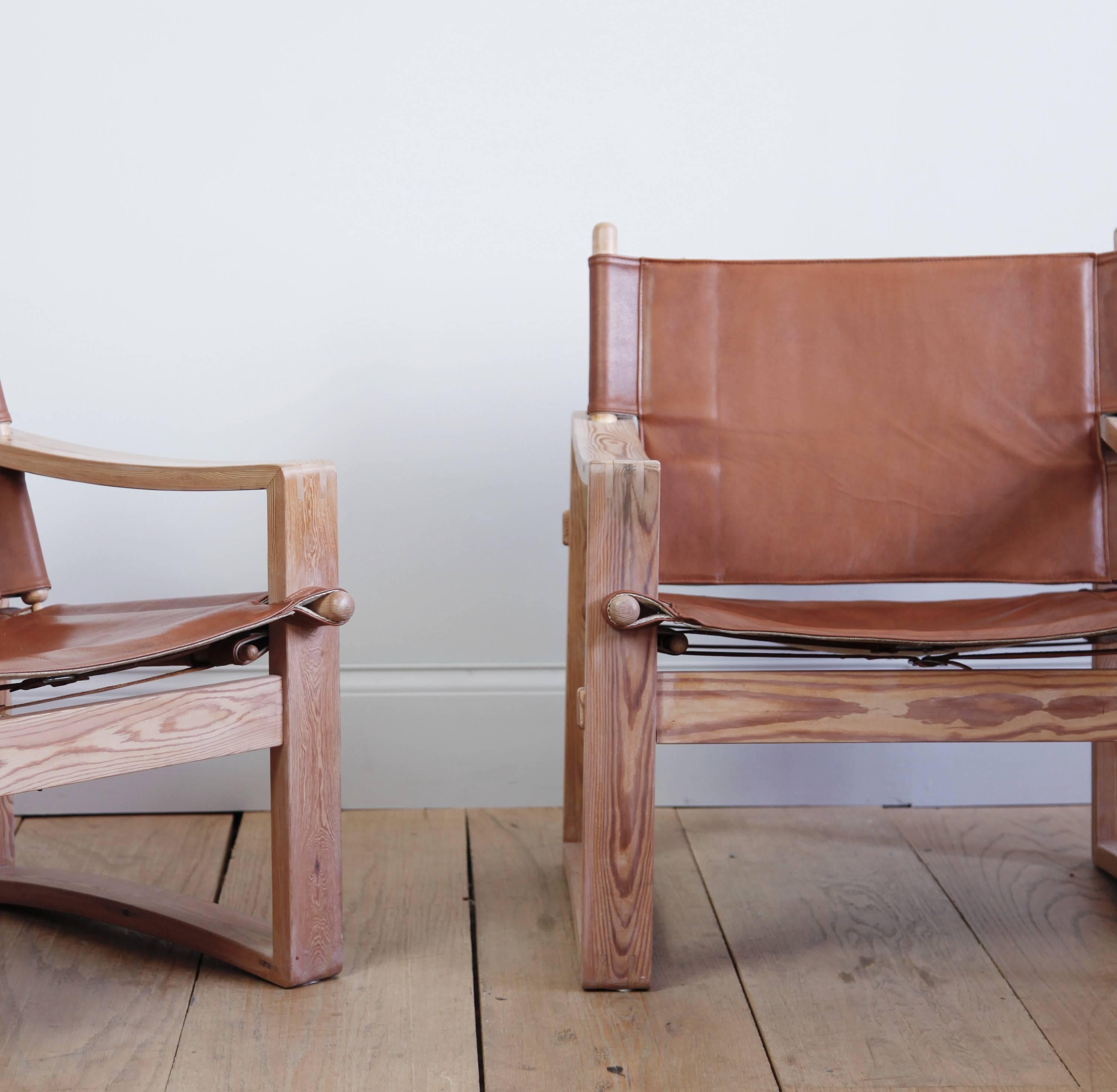 Danish Pair of Leather and Fir Bernstorffsminde Mobelfabrik Armchairs