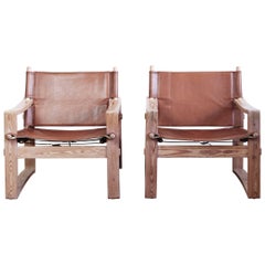 Pair of Leather and Fir Bernstorffsminde Mobelfabrik Armchairs