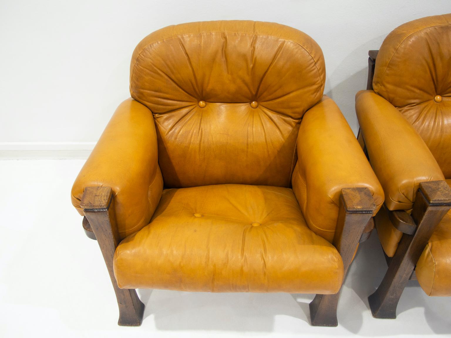 Brazilian Pair of Leather and Hardwood Armchairs Attributed to Percival Lafer