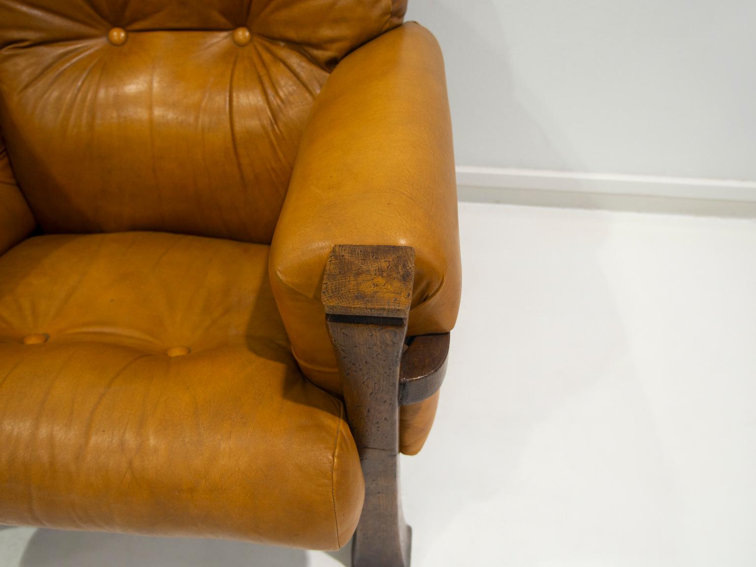 20th Century Pair of Leather and Hardwood Armchairs Attributed to Percival Lafer