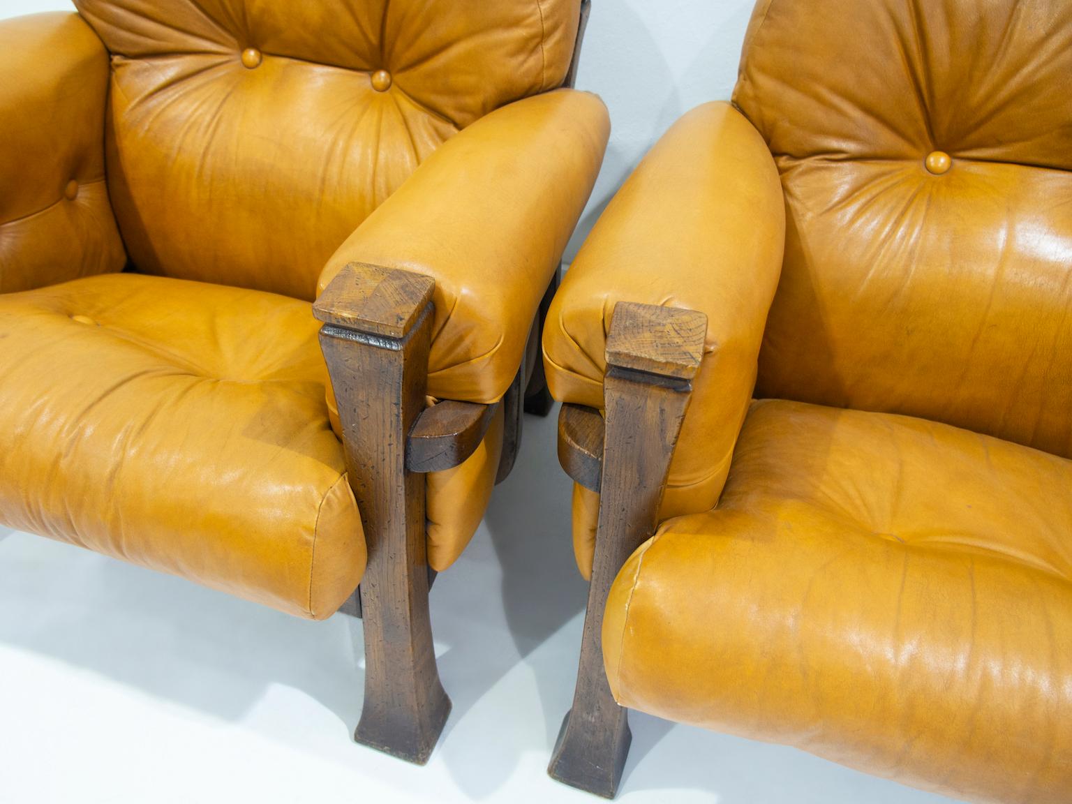 Pair of Leather and Hardwood Armchairs Attributed to Percival Lafer 2