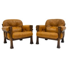 Pair of Leather and Hardwood Armchairs Attributed to Percival Lafer
