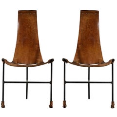 Pair of Leather and Iron Sling Chairs