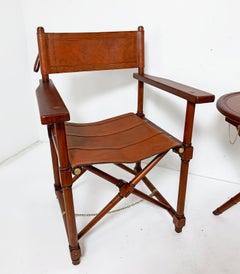 Pair of Leather and Mahogany Folding Campaign Chairs with Accompanying Table