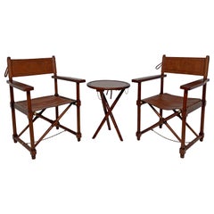 Pair of Leather and Mahogany Folding Campaign Chairs with Accompanying Table