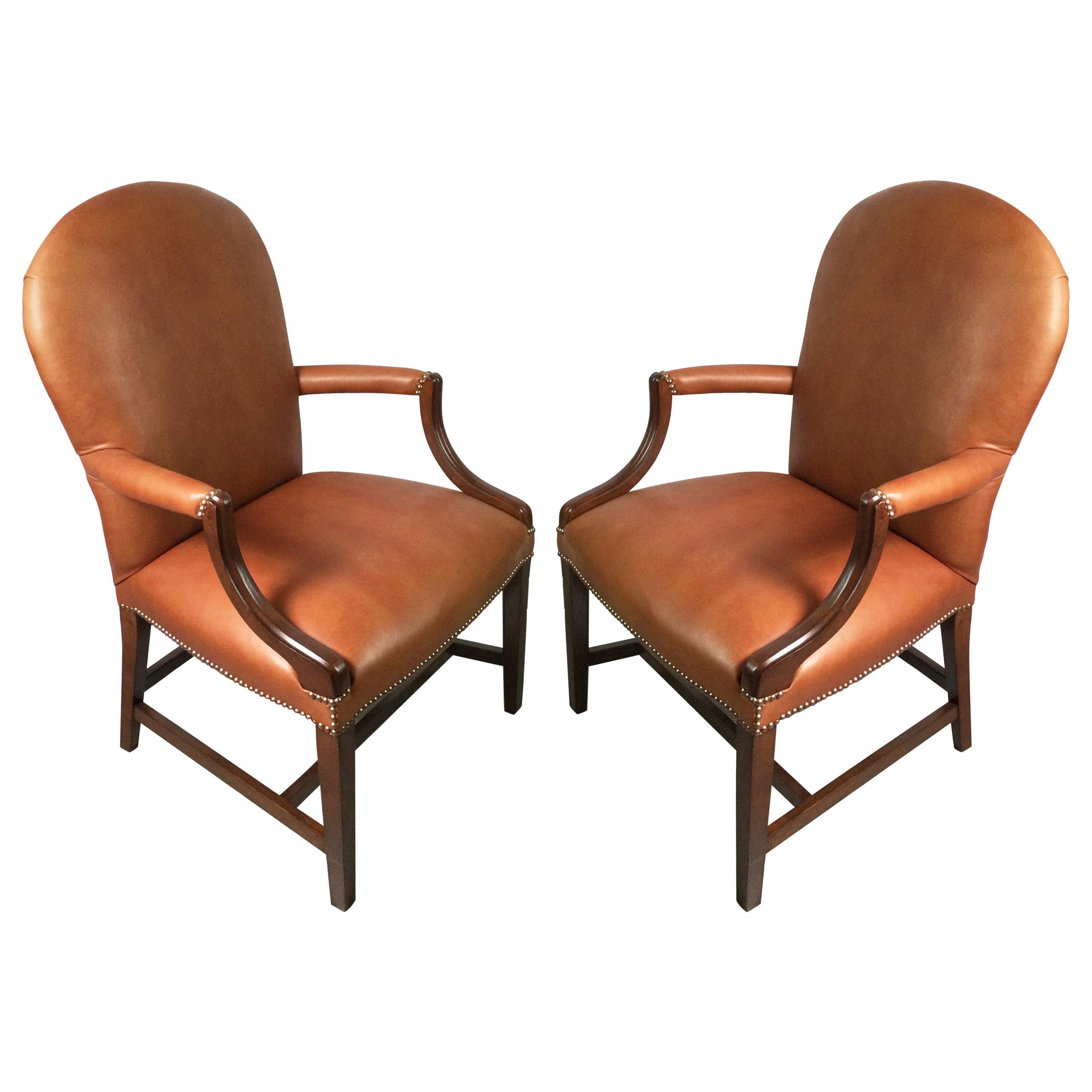 Pair of Leather and Mahogany Library Chairs
