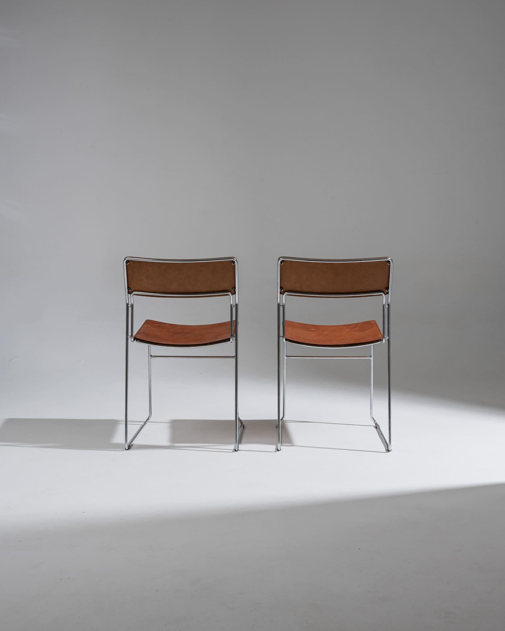 Mid-Century moderno COPPIA DI SEDIE IN PELLE E METALLO, anni '70 in vendita