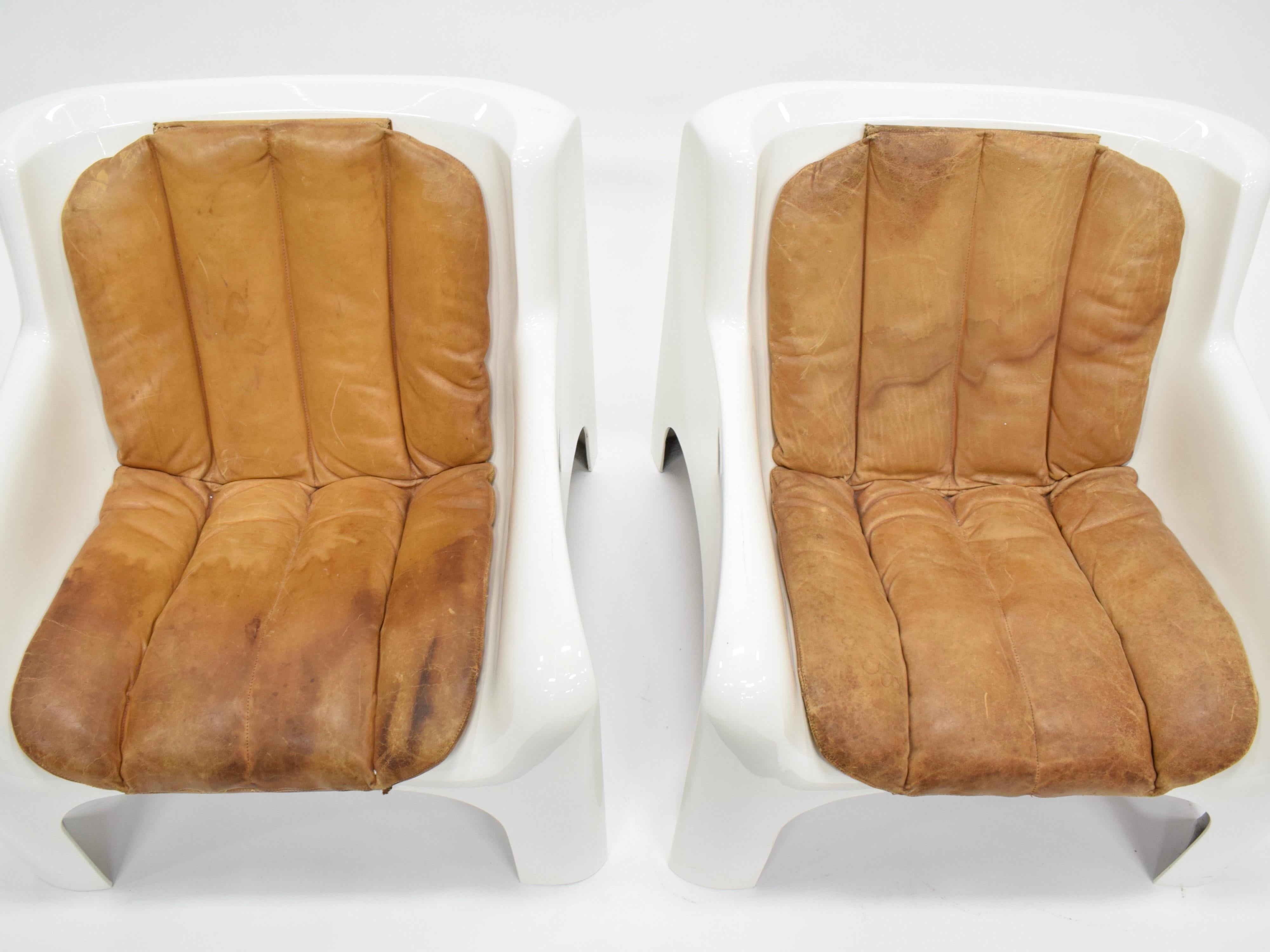 Mid-Century Modern Pair of Leather and Molded Plastic Chairs, 1970s For Sale