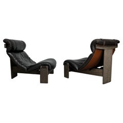 Pair of Leather and Oak Sling Chairs