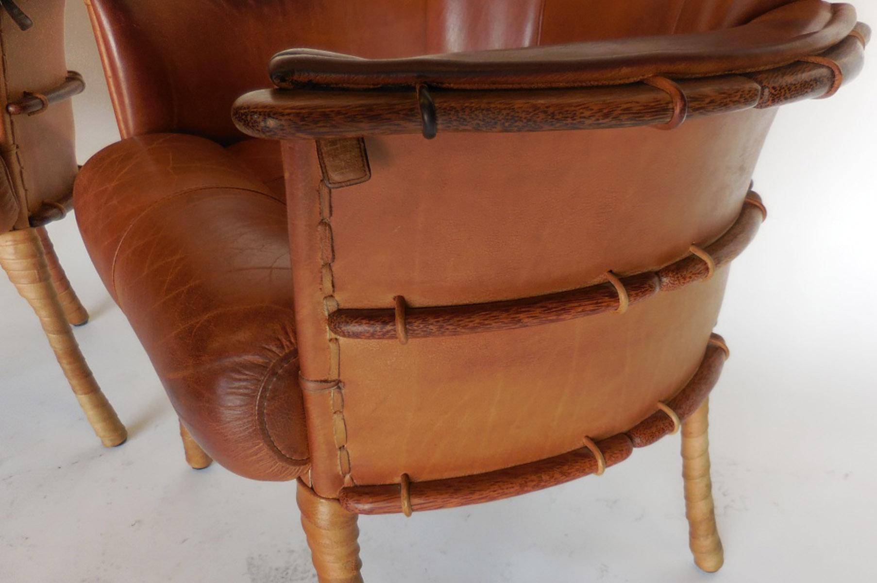 Pair of Leather and Palm Wood Club Chairs 2