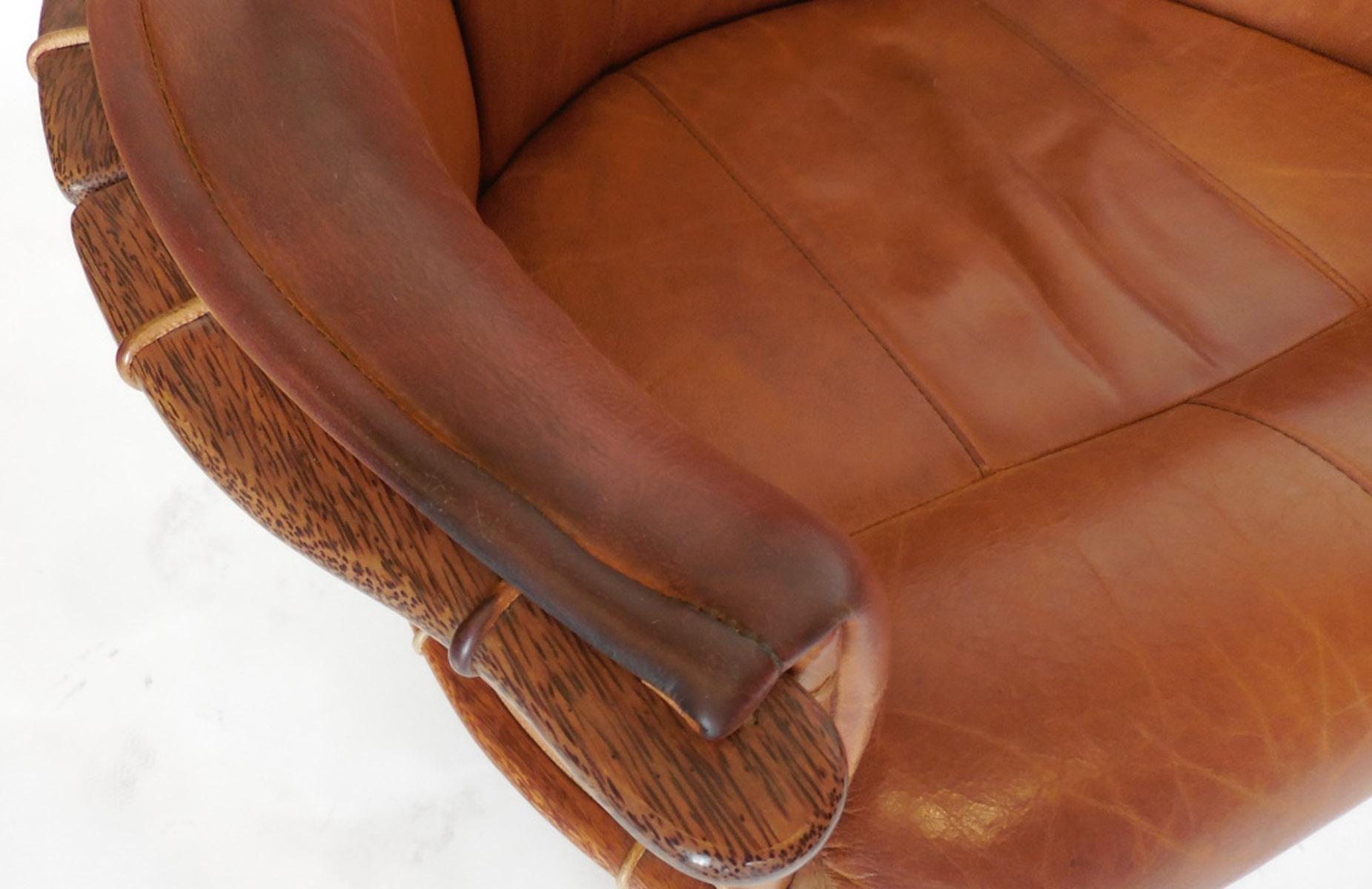 Pair of Leather and Palm Wood Club Chairs 4
