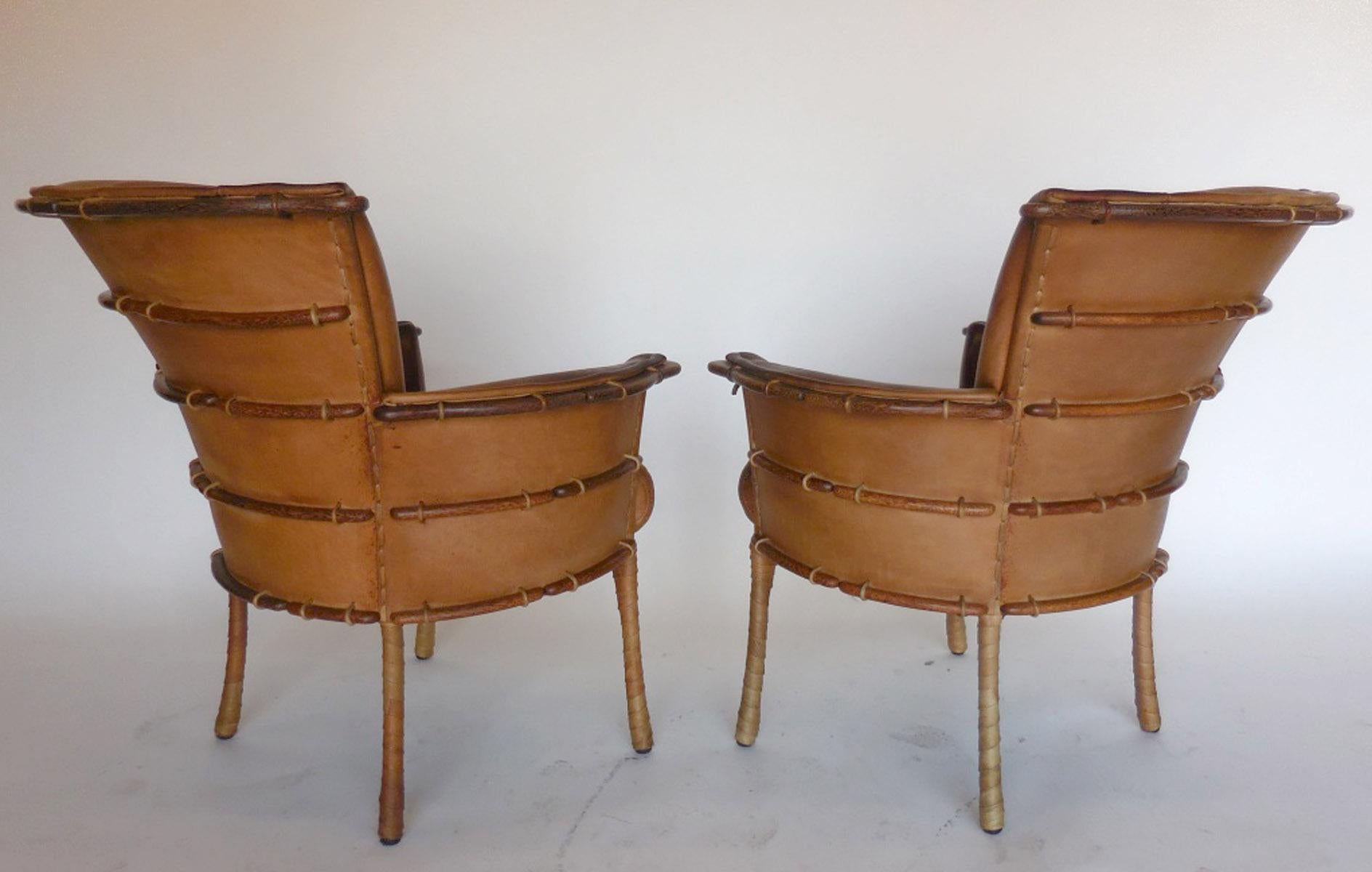 Pair of Leather and Palm Wood Club Chairs 8
