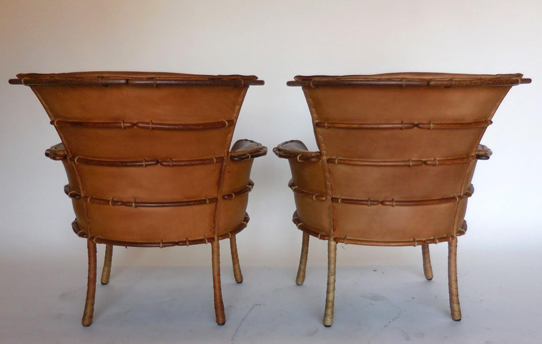 Organic Modern Pair of Leather and Palm Wood Club Chairs