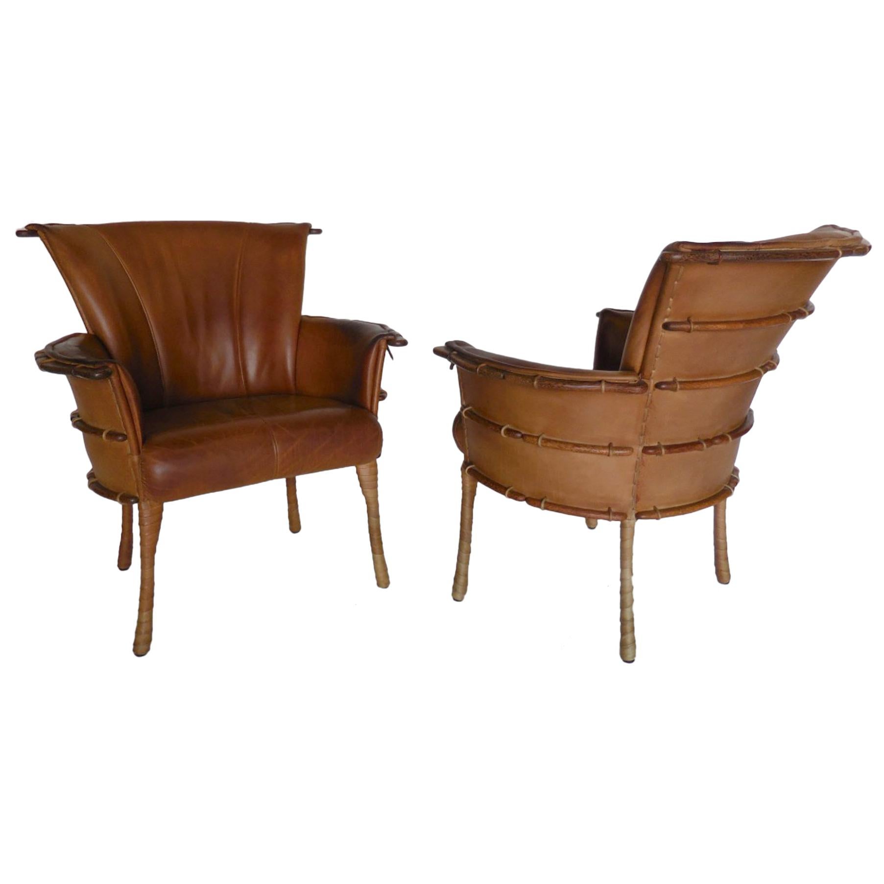 Pair of Leather and Palm Wood Club Chairs