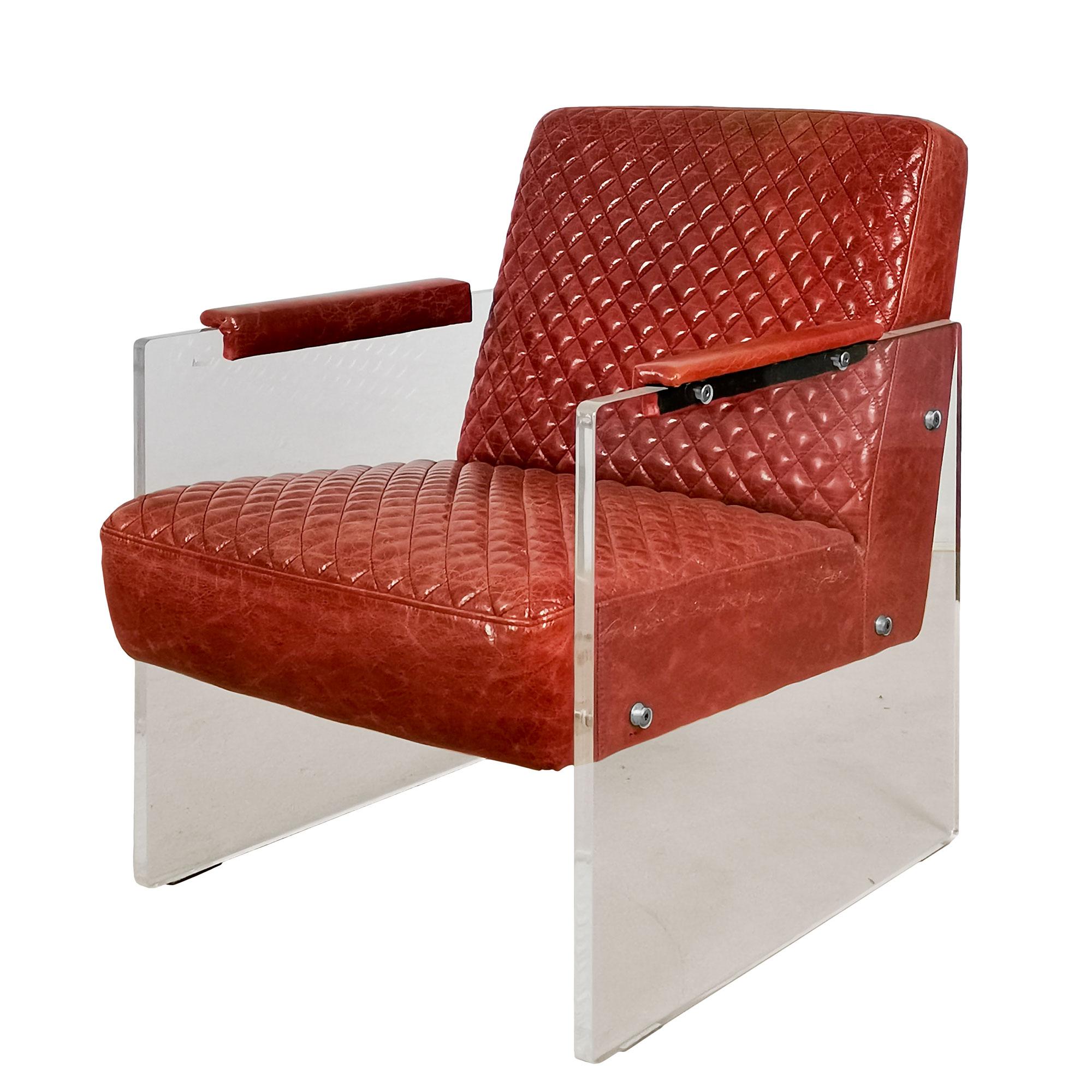 French Pair of Modern Leather and Plexiglass Armchairs, France, 1980 For Sale