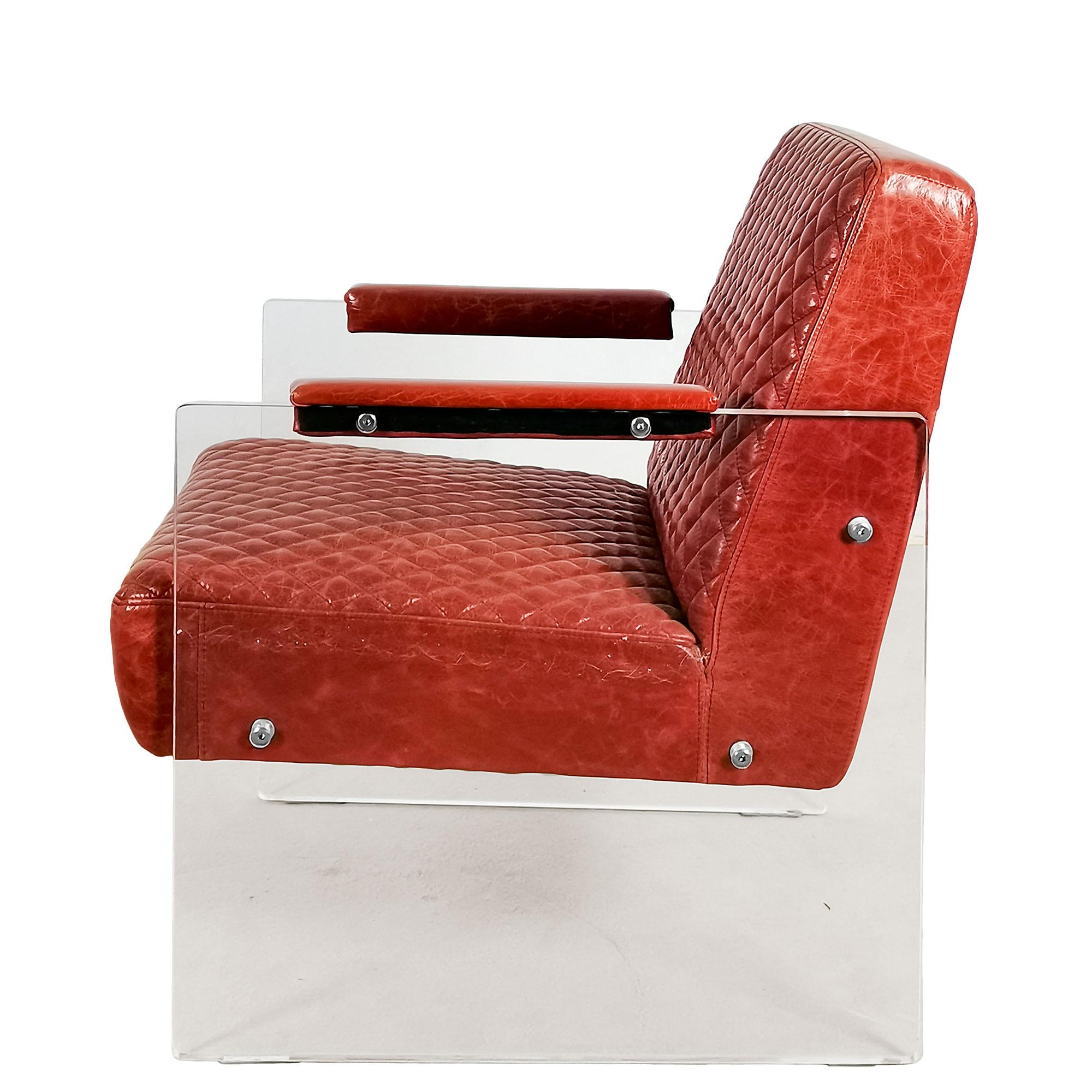 Pair of Modern Leather and Plexiglass Armchairs, France, 1980 In Good Condition For Sale In Girona, ES