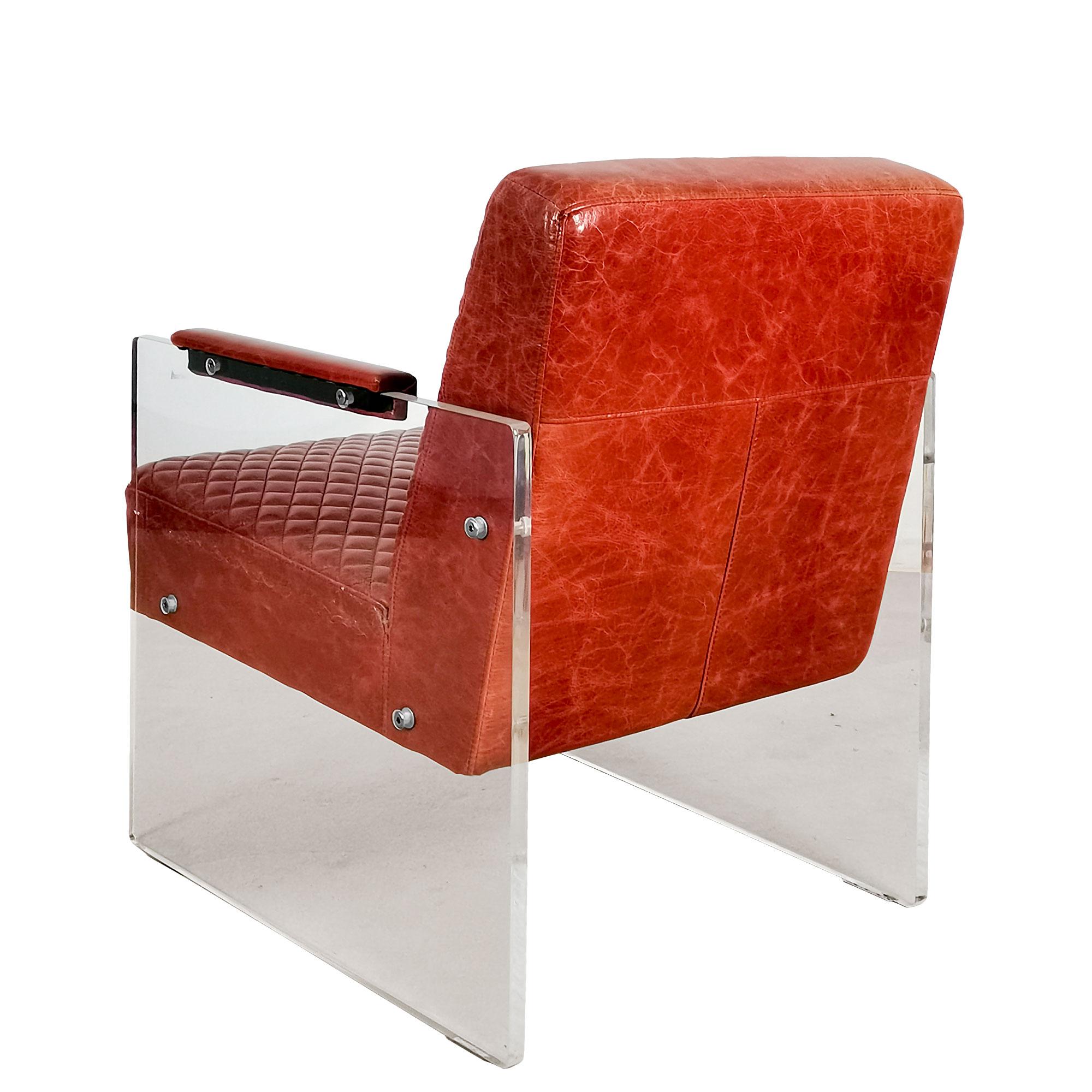Late 20th Century Pair of Modern Leather and Plexiglass Armchairs, France, 1980