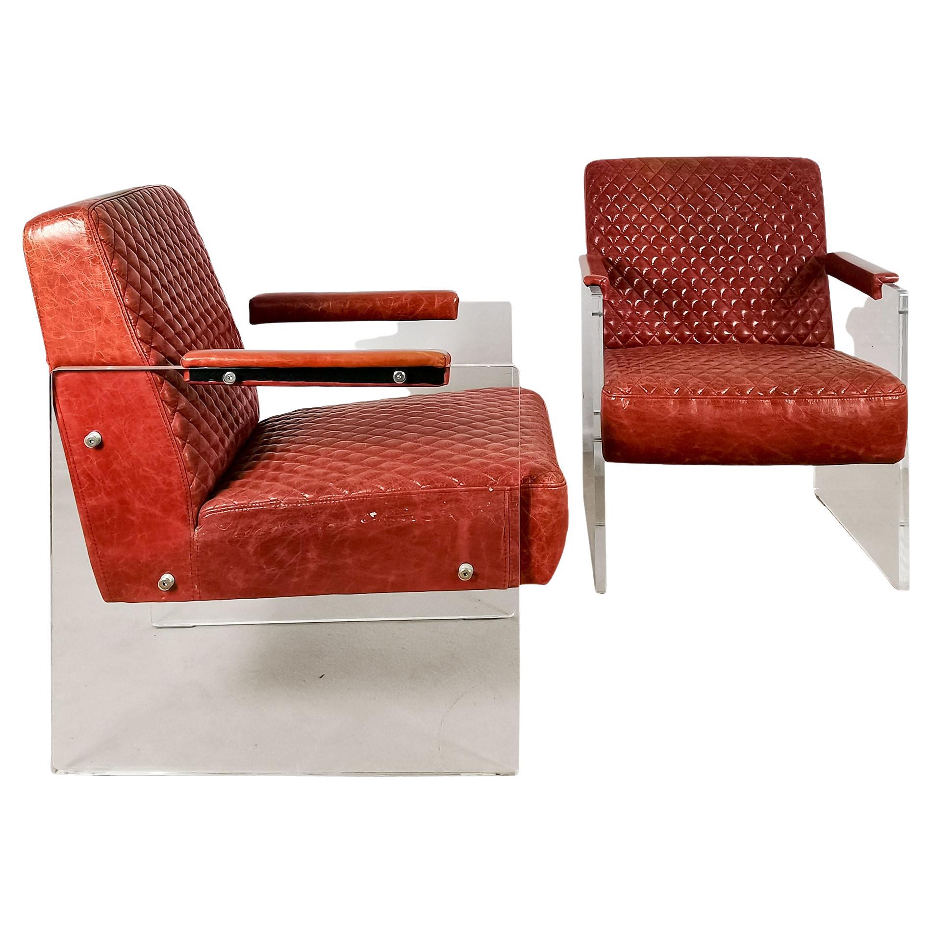 Pair of Modern Leather and Plexiglass Armchairs, France, 1980 For Sale