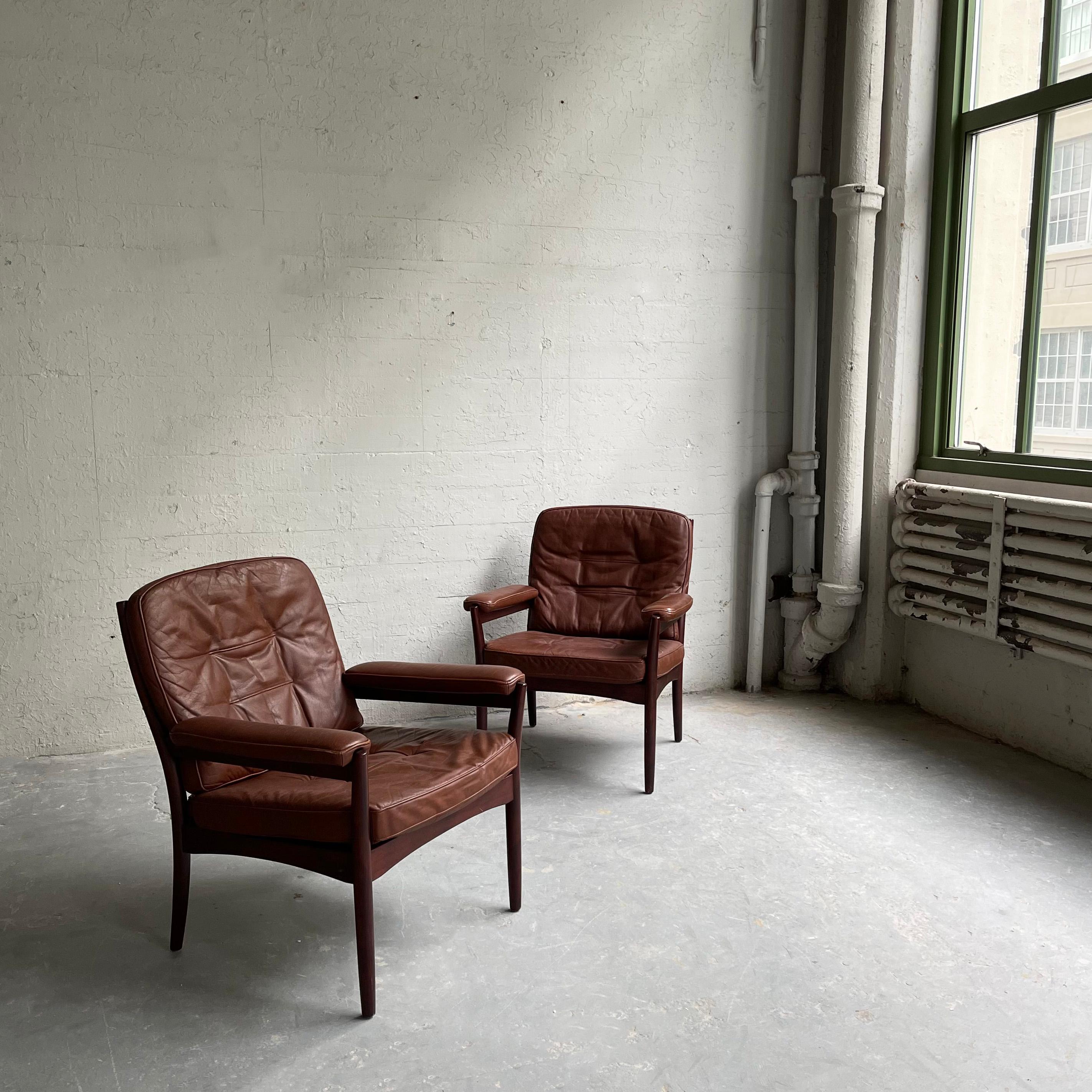 Swedish Pair of Leather and Rosewood Armchairs by Göte Möbel Sweden