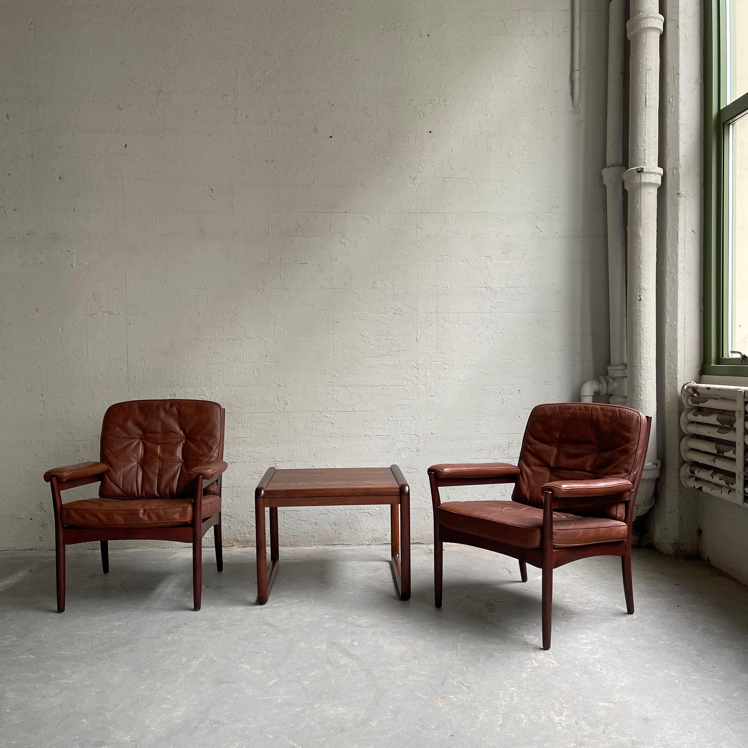 Pair of Leather and Rosewood Armchairs by Göte Möbel Sweden In Good Condition In Brooklyn, NY