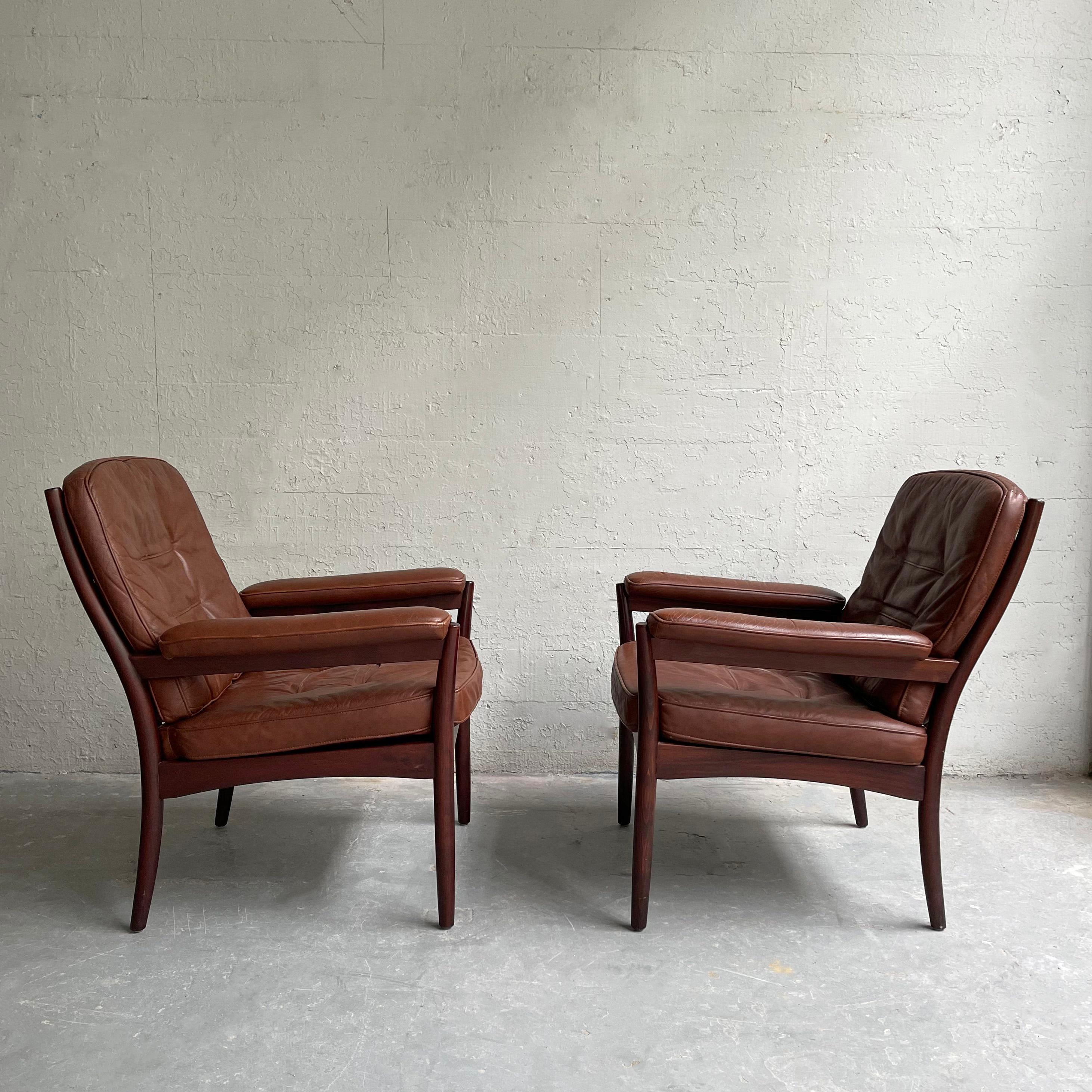 Pair of Leather and Rosewood Armchairs by Göte Möbel Sweden 1