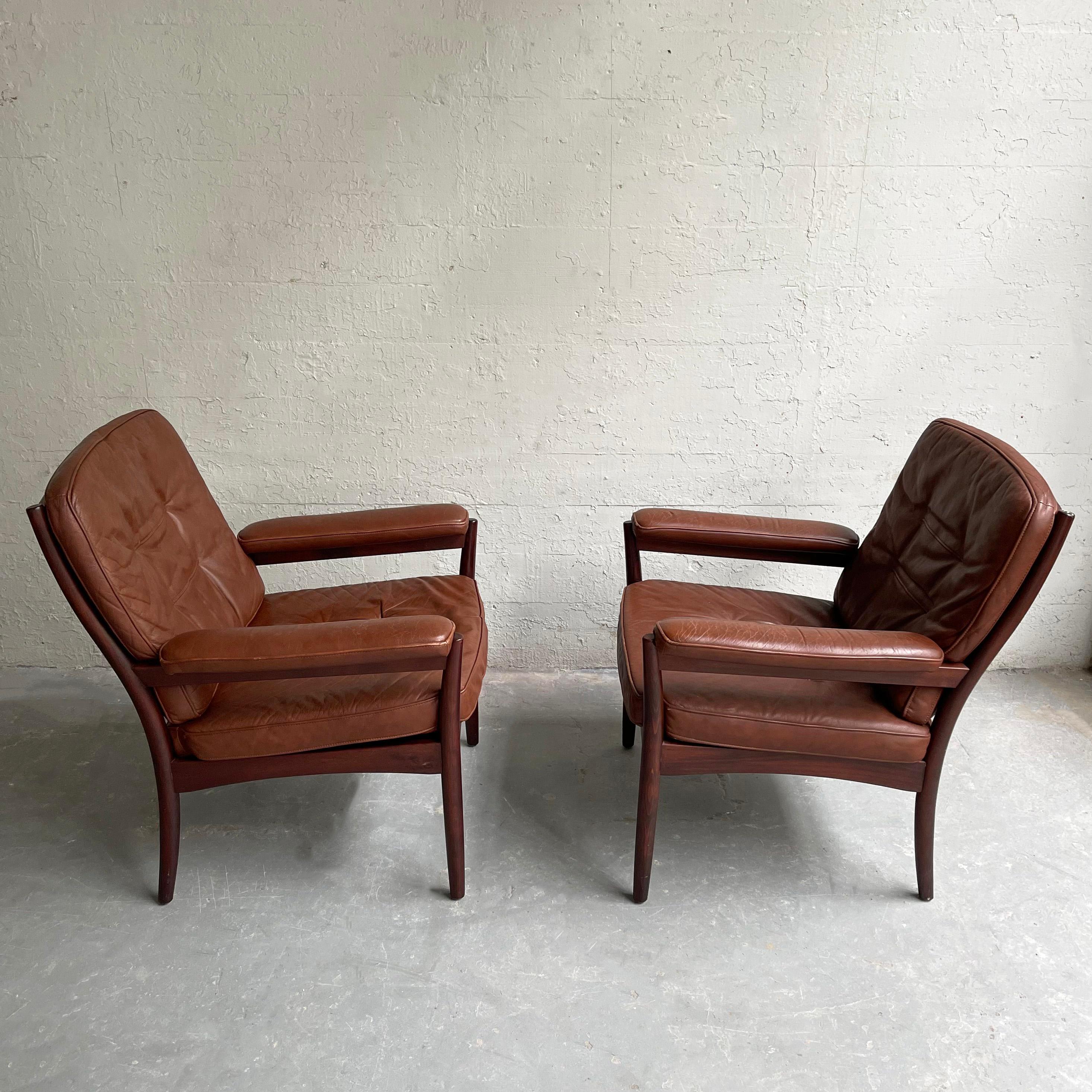 Pair of Leather and Rosewood Armchairs by Göte Möbel Sweden 2