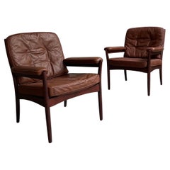 Pair of Leather and Rosewood Armchairs by Göte Möbel Sweden