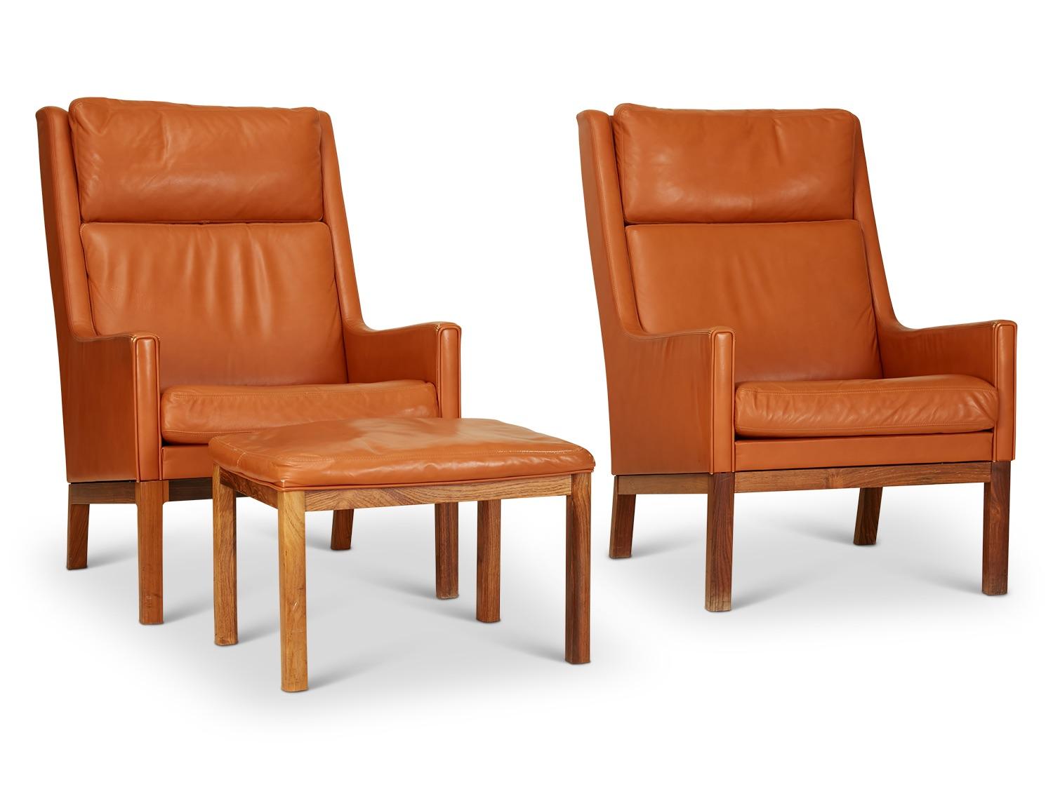 Mid-Century Modern Pair of Leather and Rosewood Chairs and Stool by Kai Lyngfeldt Larsen