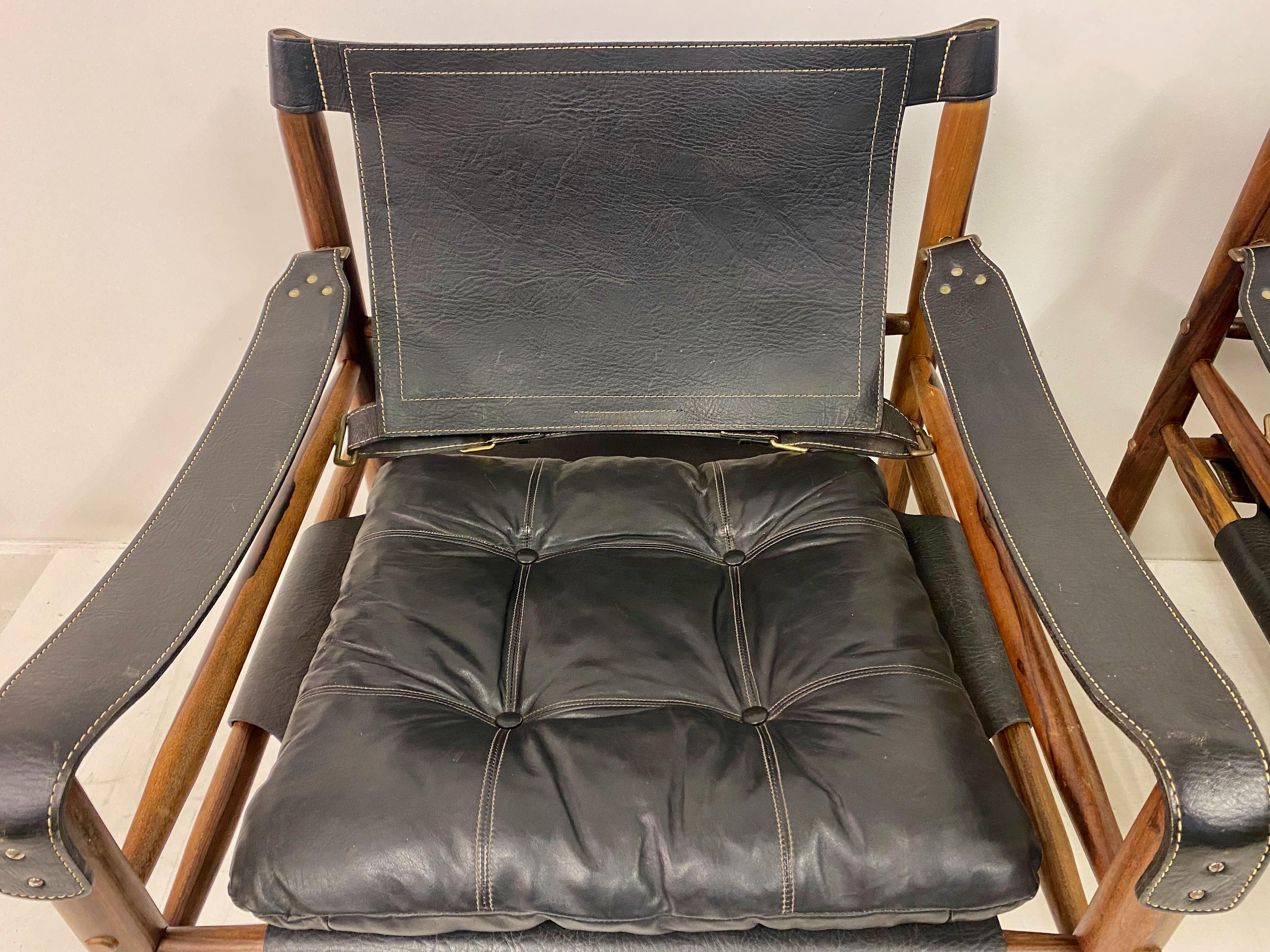 Pair of Leather and Rosewood Sirocco Safari Chairs by Arne Norell 2
