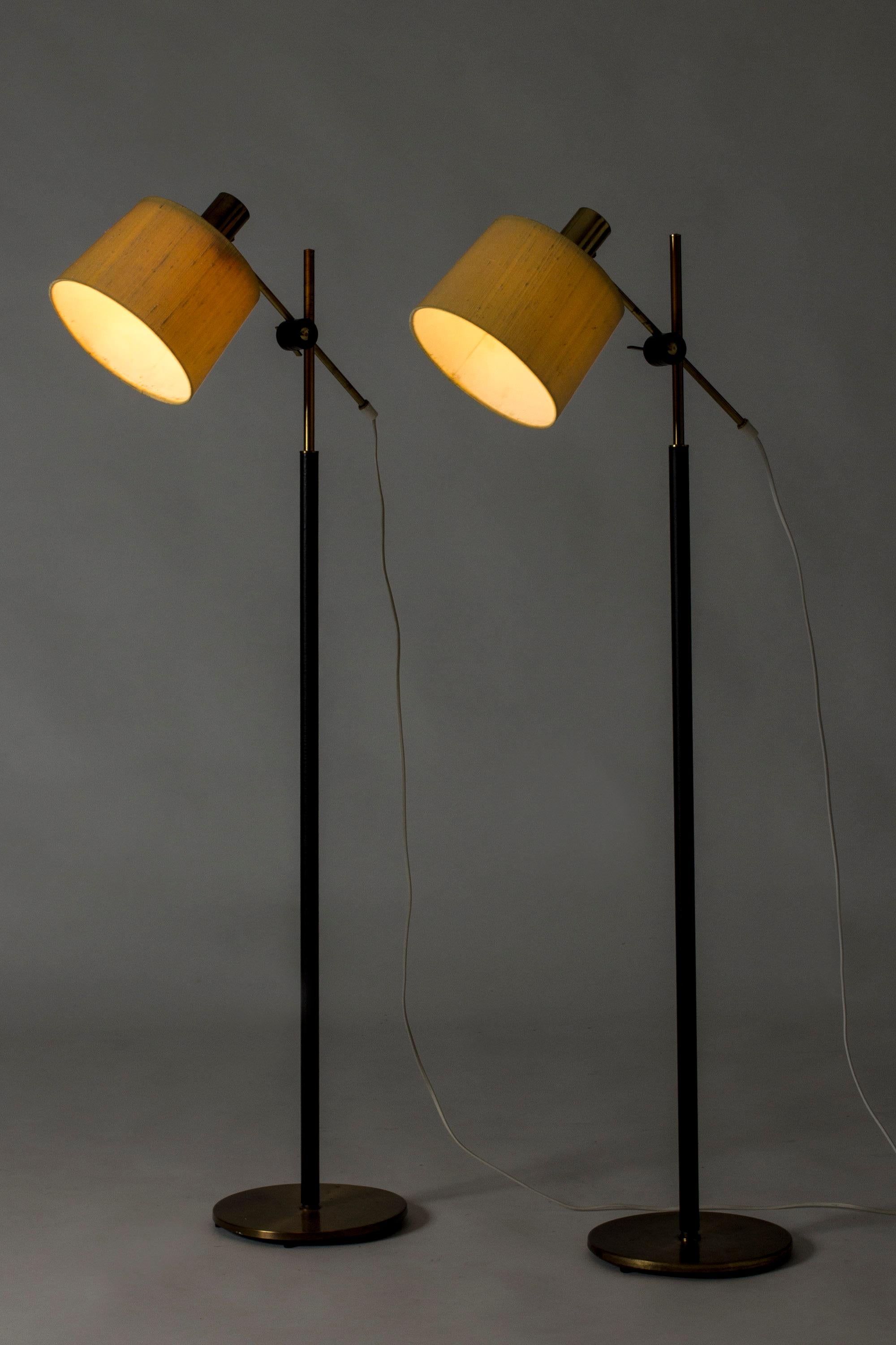 Scandinavian Modern Pair of Leather and Silk Floor Lamps from Falkenbergs Belysning, Sweden, 1960s